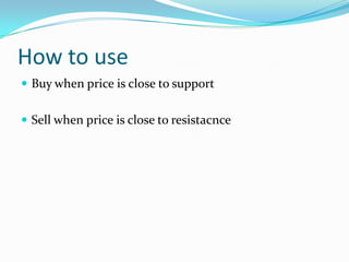 How to use
 Buy when price is close to support


 Sell when price is close to resistacnce
 
