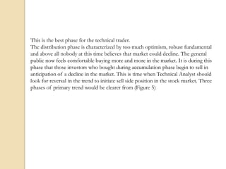 This is the best phase for the technical trader.
The distribution phase is characterized by too much optimism, robust fundamental
and above all nobody at this time believes that market could decline. The general
public now feels comfortable buying more and more in the market. It is during this
phase that those investors who bought during accumulation phase begin to sell in
anticipation of a decline in the market. This is time when Technical Analyst should
look for reversal in the trend to initiate sell side position in the stock market. Three
phases of primary trend would be clearer from (Figure 5)
 