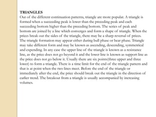 TRIANGLES
Out of the different continuation patterns, triangle are more popular. A triangle is
formed when a succeeding peak is lower than the preceding peak and each
succeeding bottom higher than the preceding bottom. The series of peak and
bottom are joined by a line which converges and form a shape of triangle. When the
prices break out the sides of the triangle, there may be a sharp reversal of prices.
The triangle formation may appear either during bull phase or bear phase. Triangle
may take different form and may be known as ascending, descending, symmetrical
and expending. In any case the upper line of the triangle is known as a resistance
line, as the price does not go beyond it and the lower line is known as support line as
the price does not go below it. Usually there are six points(three upper and three
lower) to form a triangle. There is a time limit for the end of the triangle pattern and
that is at point when the two lines meet. Before the end of the triangle or
immediately after the end, the price should break out the triangle in the direction of
earlier trend. The breakout from a triangle is usually accompanied by increasing
volumes.
 