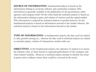 SOURCE OF INFORMATION- fundamental analysis is based on the
information relating to economy industry and a particular company. This
information is generally available in the publication of the government, other
agencies and company itself. On the other hand the technical analysis is based on
the information relating to price and volume of traction and the capital market.
This information is analyzed by technical analysis to predict behavior. So the
fundamental analysis is based on information external to the market whereas the
technical analysis is based on the information internal to the market.
TYPE OF INFORMATION- in fundamental analysis, the data used are related
to sales growth earning etc., whereas the data used in technical analysis are related
to securities prices, volume of transactions, market index etc.
OBJECTIVES- in the fundamental analysis, the objective of analysis is to access
the intrinsic value of share based on expected performance of the company and
other related variables . However a technical analyst attempt to identify the trend
in prices and to indicate where there could be a reversal in the trend.
 