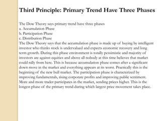 Third Principle: Primary Trend Have Three Phases
The Dow Theory says primary trend have three phases
a. Accumulation Phase
b. Participation Phase
c. Distribution Phase
The Dow Theory says that the accumulation phase is made up of buying by intelligent
investor who thinks stock is undervalued and expects economic recovery and long
term growth. During this phase environment is totally pessimistic and majority of
investors are against equities and above all nobody at this time believes that market
could rally from here. This is because accumulation phase comes after a significant
down move in the market and everything appears at its worst. Practically this is the
beginning of the new bull market. The participation phase is characterized by
improving fundamentals, rising corporate profits and improving public sentiment.
More and more trader participates in the market, sending prices higher. This is the
longest phase of the primary trend during which largest price movement takes place.
 
