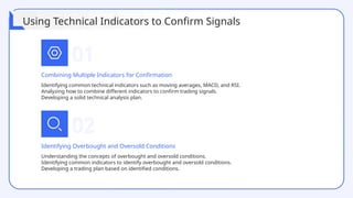 01
Identifying common technical indicators such as moving averages, MACD, and RSI.
Analyzing how to combine different indicators to confirm trading signals.
Developing a solid technical analysis plan.
Combining Multiple Indicators for Confirmation
02
Understanding the concepts of overbought and oversold conditions.
Identifying common indicators to identify overbought and oversold conditions.
Developing a trading plan based on identified conditions.
Identifying Overbought and Oversold Conditions
Using Technical Indicators to Confirm Signals
 