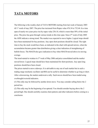 TATA MOTORS


The following is the weekly chart of TATA MOTORS starting from last week of January 2005
till 1st week of may 2007. The price has increased from Rupee value 476.34 to 732.44. In a time
span of nearly two years price rise by rupee value 256.10, which is more than 50% of the initial
price. The price has gone through various trends in this time span. Since 2nd week of July 2005
the ADX indicate a strong trend. The market was expected to move higher. Logical stops should
have been maintained for buy positions. Any open short positions should be closed. The right
time to buy the stock would have been, as indicated in the chart with upward arrows, when the
accumulation became greater than distribution giving a clear indication of strengthening of
bullish forces. The MACD also gave indication to buy when MACD moved above its moving
average.
The trend started to weaken in 3rd week of May 2006 and price consolidated and the market
moved lower. Logical stops should have been maintained for short positions. Any open long
positions should have been closed.
The prices started to move sideways. It is advisable to stay out of such market but in such a
trading range stochastic oscillator and RSI can be useful to determine whether to go long or short.
After a downswing, the market underwent a rally. Such moves should have been traded using
overbought/oversold indicators.
(1) This rally may be followed by another down move. You may consider selling below the 2
period low.
(2) This rally may be the beginning of an uptrend. You should consider buying above the 2
period high. One should carefully examine chart patterns and other indicators before coming to a
conclusion.




                                                                                                  27
 