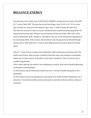RELIANCE ENERGY

The following is the weekly chart of RELIANCE ENERGY starting from last week of Jan 2005
till 1st week of May 2007. The price has moved from Rupee value 519.51 to 517.32. In a time
span of nearly two years price decreased by rupee value 2, which is nearly the same level.
The share has not grown in these two years and had not been a good investment proposition. No
long position had been kept. The price moved sideways till the end of May 2006 with a weak
trend as indicated by ADX. Though it is advisable to stay out of such situation but depending on
the risk bearing ability of the investor, there had been some buying positions reflected through
upward arrows. Then before the 1st weak of June 2006 the downward arrow shows the selling
signal


Then in 1st weak of June a strong trend is reflected by ADX and the price trend downward. The
market moved lower. Ideal investors would have kept their stops wide enough to avoid getting
shaken out of a false reaction. If possible, moved stops to breakeven. This was not the time to
consider long positions.
After a minor upswing, the market is now undergoing a reaction. Such moves should traded using
overbought/oversold indicators
(1) This reaction may be followed by another up move. You may consider buying above the 2
period high.
(2) This reaction may be the beginning of a downtrend. You should consider selling below the 2
period low. You should carefully examine chart patterns and other indicators before coming to a
conclusion.




                                                                                                   33
 