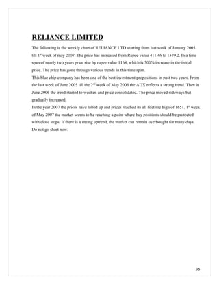 RELIANCE LIMITED
The following is the weekly chart of RELIANCE LTD starting from last week of January 2005
till 1st week of may 2007. The price has increased from Rupee value 411.46 to 1579.2. In a time
span of nearly two years price rise by rupee value 1168, which is 300% increase in the initial
price. The price has gone through various trends in this time span.
This blue chip company has been one of the best investment propositions in past two years. From
the last week of June 2005 till the 2nd week of May 2006 the ADX reflects a strong trend. Then in
June 2006 the trend started to weaken and price consolidated. The price moved sideways but
gradually increased.
In the year 2007 the prices have tolled up and prices reached its all lifetime high of 1651. 1st week
of May 2007 the market seems to be reaching a point where buy positions should be protected
with close stops. If there is a strong uptrend, the market can remain overbought for many days.
Do not go short now.




                                                                                                  35
 