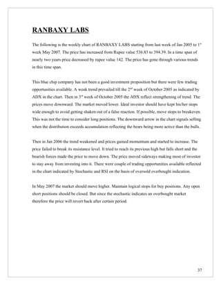 RANBAXY LABS
The following is the weekly chart of RANBAXY LABS starting from last week of Jan 2005 to 1st
week May 2007. The price has increased from Rupee value 536.83 to 394.39. In a time span of
nearly two years price decreased by rupee value 142. The price has gone through various trends
in this time span.


This blue chip company has not been a good investment proposition but there were few trading
opportunities available. A weak trend prevailed till the 2nd week of October 2005 as indicated by
ADX in the chart. Then in 3rd week of October 2005 the ADX reflect strengthening of trend. The
prices move downward. The market moved lower. Ideal investor should have kept his/her stops
wide enough to avoid getting shaken out of a false reaction. If possible, move stops to breakeven.
This was not the time to consider long positions. The downward arrow in the chart signals selling
when the distribution exceeds accumulation reflecting the bears being more active than the bulls.


Then in Jan 2006 the trend weakened and prices gained momentum and started to increase. The
price failed to break its resistance level. It tried to reach its previous high but falls short and the
bearish forces made the price to move down. The price moved sideways making most of investor
to stay away from investing into it. There were couple of trading opportunities available reflected
in the chart indicated by Stochastic and RSI on the basis of oversold overbought indication.


In May 2007 the market should move higher. Maintain logical stops for buy positions. Any open
short positions should be closed. But since the stochastic indicates an overbought market
therefore the price will revert back after certain period.




                                                                                                          37
 
