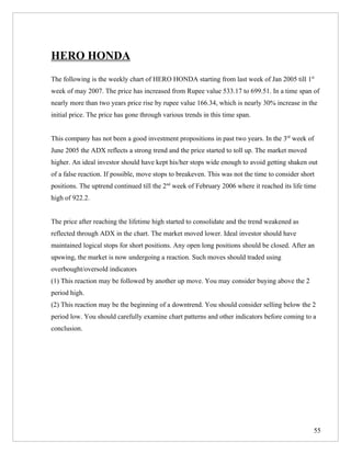 HERO HONDA
The following is the weekly chart of HERO HONDA starting from last week of Jan 2005 till 1st
week of may 2007. The price has increased from Rupee value 533.17 to 699.51. In a time span of
nearly more than two years price rise by rupee value 166.34, which is nearly 30% increase in the
initial price. The price has gone through various trends in this time span.


This company has not been a good investment propositions in past two years. In the 3rd week of
June 2005 the ADX reflects a strong trend and the price started to toll up. The market moved
higher. An ideal investor should have kept his/her stops wide enough to avoid getting shaken out
of a false reaction. If possible, move stops to breakeven. This was not the time to consider short
positions. The uptrend continued till the 2nd week of February 2006 where it reached its life time
high of 922.2.


The price after reaching the lifetime high started to consolidate and the trend weakened as
reflected through ADX in the chart. The market moved lower. Ideal investor should have
maintained logical stops for short positions. Any open long positions should be closed. After an
upswing, the market is now undergoing a reaction. Such moves should traded using
overbought/oversold indicators
(1) This reaction may be followed by another up move. You may consider buying above the 2
period high.
(2) This reaction may be the beginning of a downtrend. You should consider selling below the 2
period low. You should carefully examine chart patterns and other indicators before coming to a
conclusion.




                                                                                                 55
 