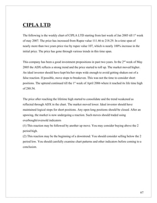 CIPLA LTD
The following is the weekly chart of CIPLA LTD starting from last week of Jan 2005 till 1st week
of may 2007. The price has increased from Rupee value 111.46 to 218.29. In a time span of
nearly more than two years price rise by rupee value 107, which is nearly 100% increase in the
initial price. The price has gone through various trends in this time span.


This company has been a good investment propositions in past two years. In the 2nd week of May
2005 the ADX reflects a strong trend and the price started to toll up. The market moved higher.
An ideal investor should have kept his/her stops wide enough to avoid getting shaken out of a
false reaction. If possible, move stops to breakeven. This was not the time to consider short
positions. The uptrend continued till the 1st week of April 2006 where it reached its life time high
of 288.54.


The price after reaching the lifetime high started to consolidate and the trend weakened as
reflected through ADX in the chart. The market moved lower. Ideal investor should have
maintained logical stops for short positions. Any open long positions should be closed. After an
upswing, the market is now undergoing a reaction. Such moves should traded using
overbought/oversold indicators
(1) This reaction may be followed by another up move. You may consider buying above the 2
period high.
(2) This reaction may be the beginning of a downtrend. You should consider selling below the 2
period low. You should carefully examine chart patterns and other indicators before coming to a
conclusion.




                                                                                                  67
 