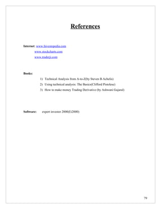 References

Internet: www.Investopedia.com
         www.stockcharts.com
         www.traderji.com




Books:
            1) Technical Analysis from A-to-Z(by Steven B Achelis)
            2) Using technical analysis: The Basics(Clifford Pistolese)
            3) How to make money Trading Derivative (by Ashwani Gujaral)




Software:     expert investor 2000(Ei2000)




                                                                           79
 