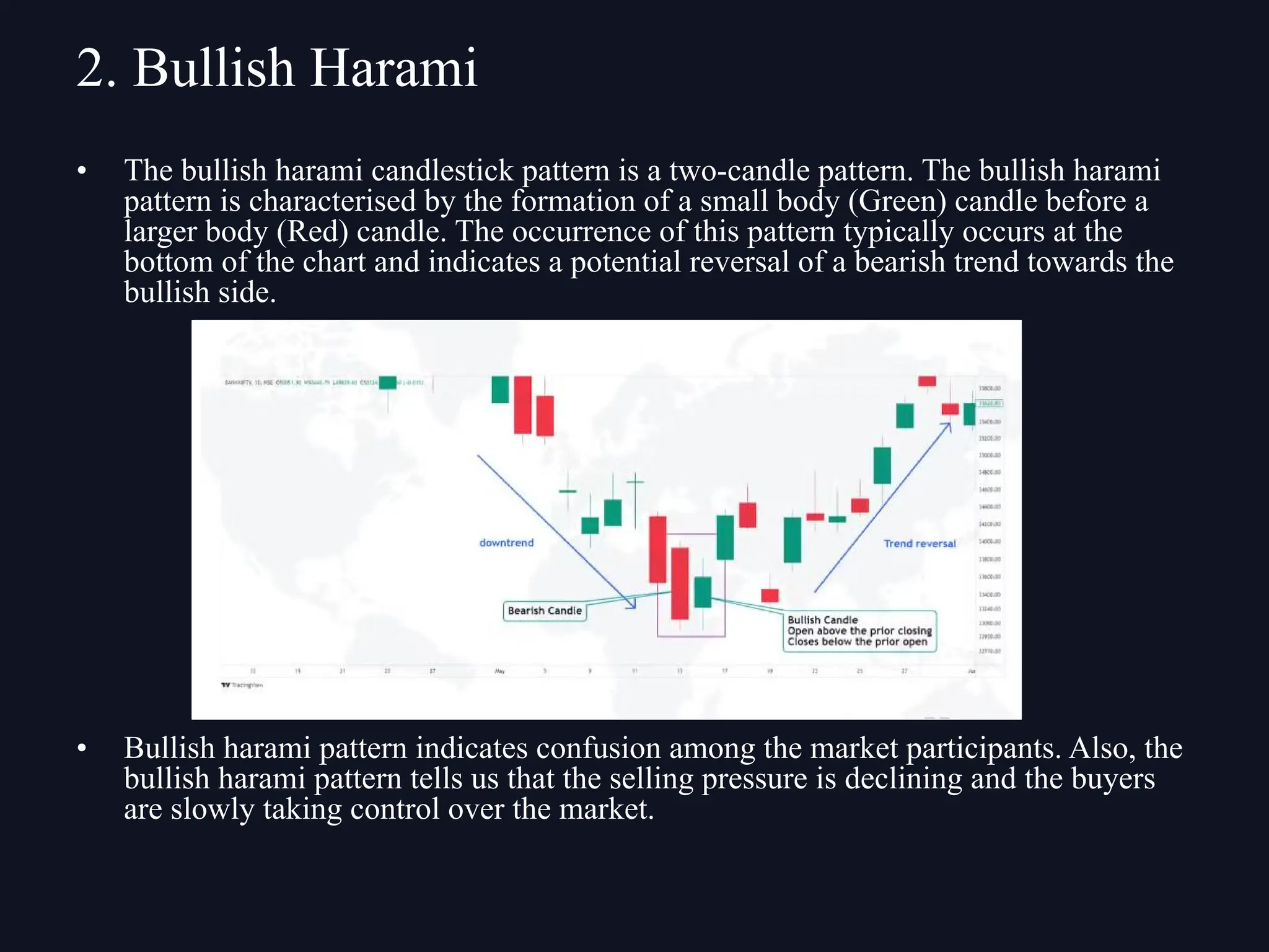 • The bullish harami candlestick pattern is a two-candle pattern. The bullish harami
pattern is characterised by the formation of a small body (Green) candle before a
larger body (Red) candle. The occurrence of this pattern typically occurs at the
bottom of the chart and indicates a potential reversal of a bearish trend towards the
bullish side.
• Bullish harami pattern indicates confusion among the market participants. Also, the
bullish harami pattern tells us that the selling pressure is declining and the buyers
are slowly taking control over the market.
2. Bullish Harami
 