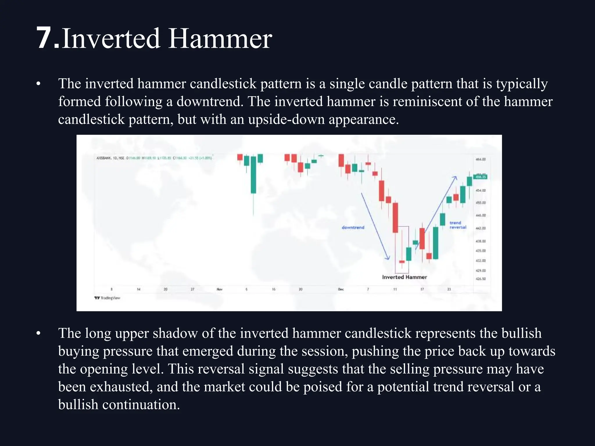 • The inverted hammer candlestick pattern is a single candle pattern that is typically
formed following a downtrend. The inverted hammer is reminiscent of the hammer
candlestick pattern, but with an upside-down appearance.
• The long upper shadow of the inverted hammer candlestick represents the bullish
buying pressure that emerged during the session, pushing the price back up towards
the opening level. This reversal signal suggests that the selling pressure may have
been exhausted, and the market could be poised for a potential trend reversal or a
bullish continuation.
7.Inverted Hammer
 