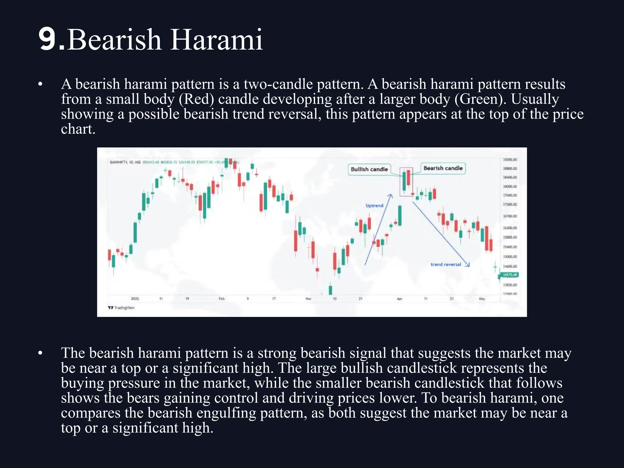 • A bearish harami pattern is a two-candle pattern. A bearish harami pattern results
from a small body (Red) candle developing after a larger body (Green). Usually
showing a possible bearish trend reversal, this pattern appears at the top of the price
chart.
• The bearish harami pattern is a strong bearish signal that suggests the market may
be near a top or a significant high. The large bullish candlestick represents the
buying pressure in the market, while the smaller bearish candlestick that follows
shows the bears gaining control and driving prices lower. To bearish harami, one
compares the bearish engulfing pattern, as both suggest the market may be near a
top or a significant high.
9.Bearish Harami
 