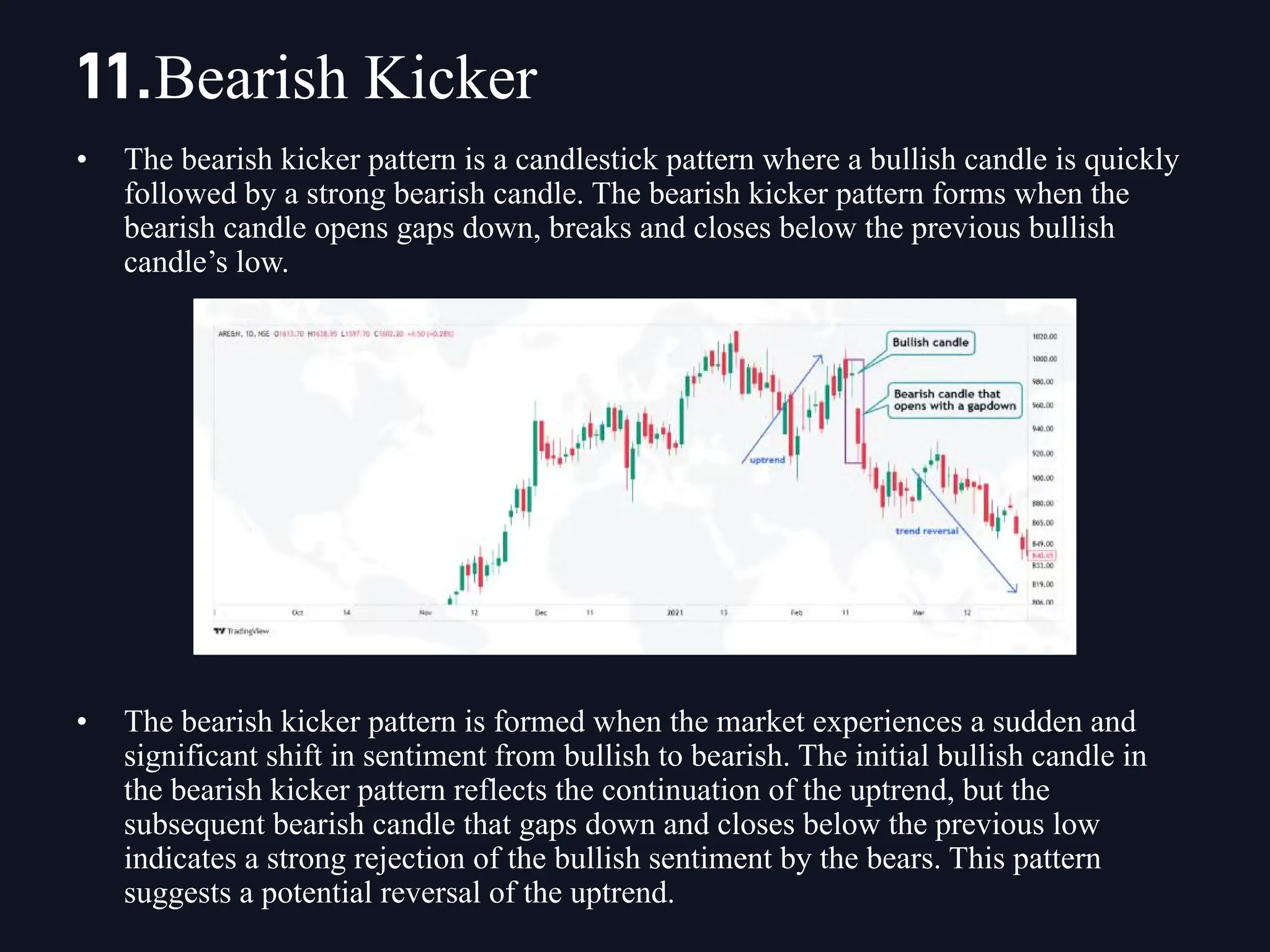 • The bearish kicker pattern is a candlestick pattern where a bullish candle is quickly
followed by a strong bearish candle. The bearish kicker pattern forms when the
bearish candle opens gaps down, breaks and closes below the previous bullish
candle’s low.
• The bearish kicker pattern is formed when the market experiences a sudden and
significant shift in sentiment from bullish to bearish. The initial bullish candle in
the bearish kicker pattern reflects the continuation of the uptrend, but the
subsequent bearish candle that gaps down and closes below the previous low
indicates a strong rejection of the bullish sentiment by the bears. This pattern
suggests a potential reversal of the uptrend.
11.Bearish Kicker
 