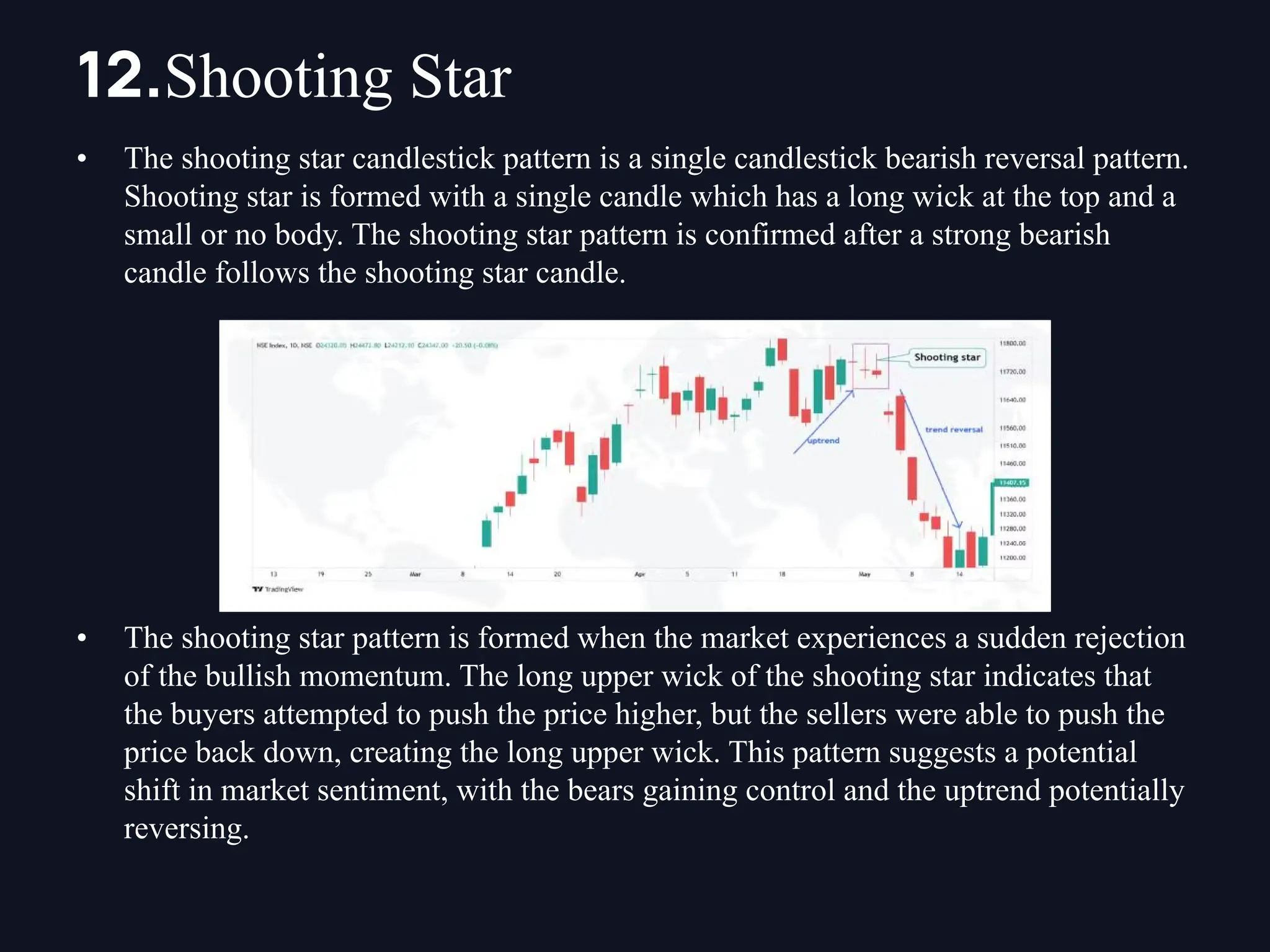 • The shooting star candlestick pattern is a single candlestick bearish reversal pattern.
Shooting star is formed with a single candle which has a long wick at the top and a
small or no body. The shooting star pattern is confirmed after a strong bearish
candle follows the shooting star candle.
• The shooting star pattern is formed when the market experiences a sudden rejection
of the bullish momentum. The long upper wick of the shooting star indicates that
the buyers attempted to push the price higher, but the sellers were able to push the
price back down, creating the long upper wick. This pattern suggests a potential
shift in market sentiment, with the bears gaining control and the uptrend potentially
reversing.
12.Shooting Star
 