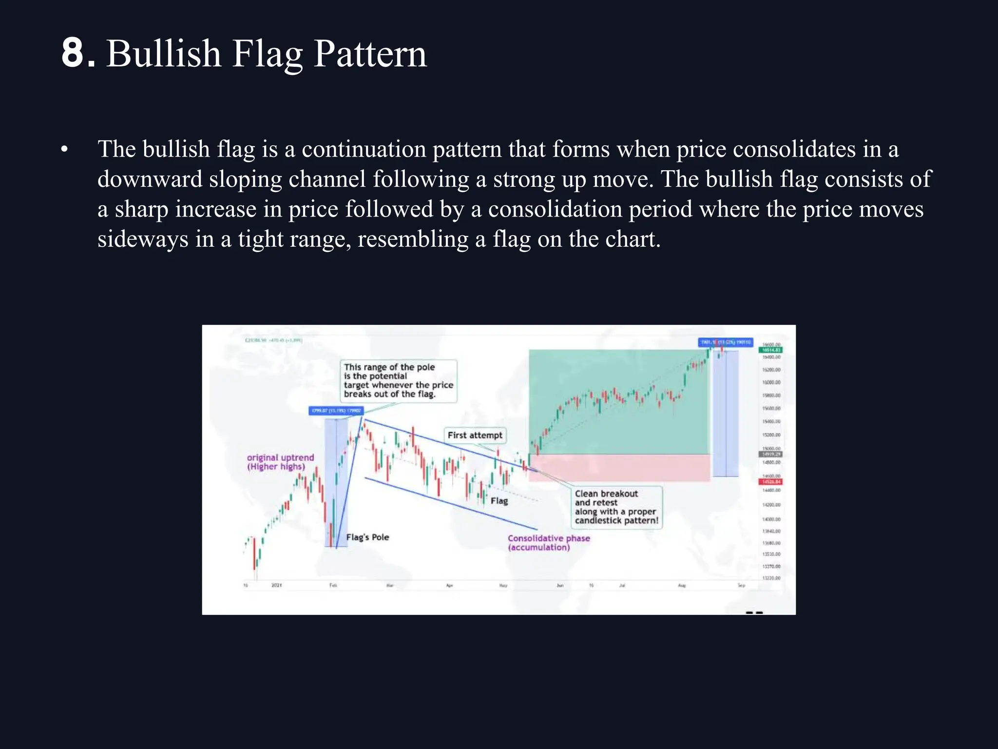 • The bullish flag is a continuation pattern that forms when price consolidates in a
downward sloping channel following a strong up move. The bullish flag consists of
a sharp increase in price followed by a consolidation period where the price moves
sideways in a tight range, resembling a flag on the chart.
8. Bullish Flag Pattern
 