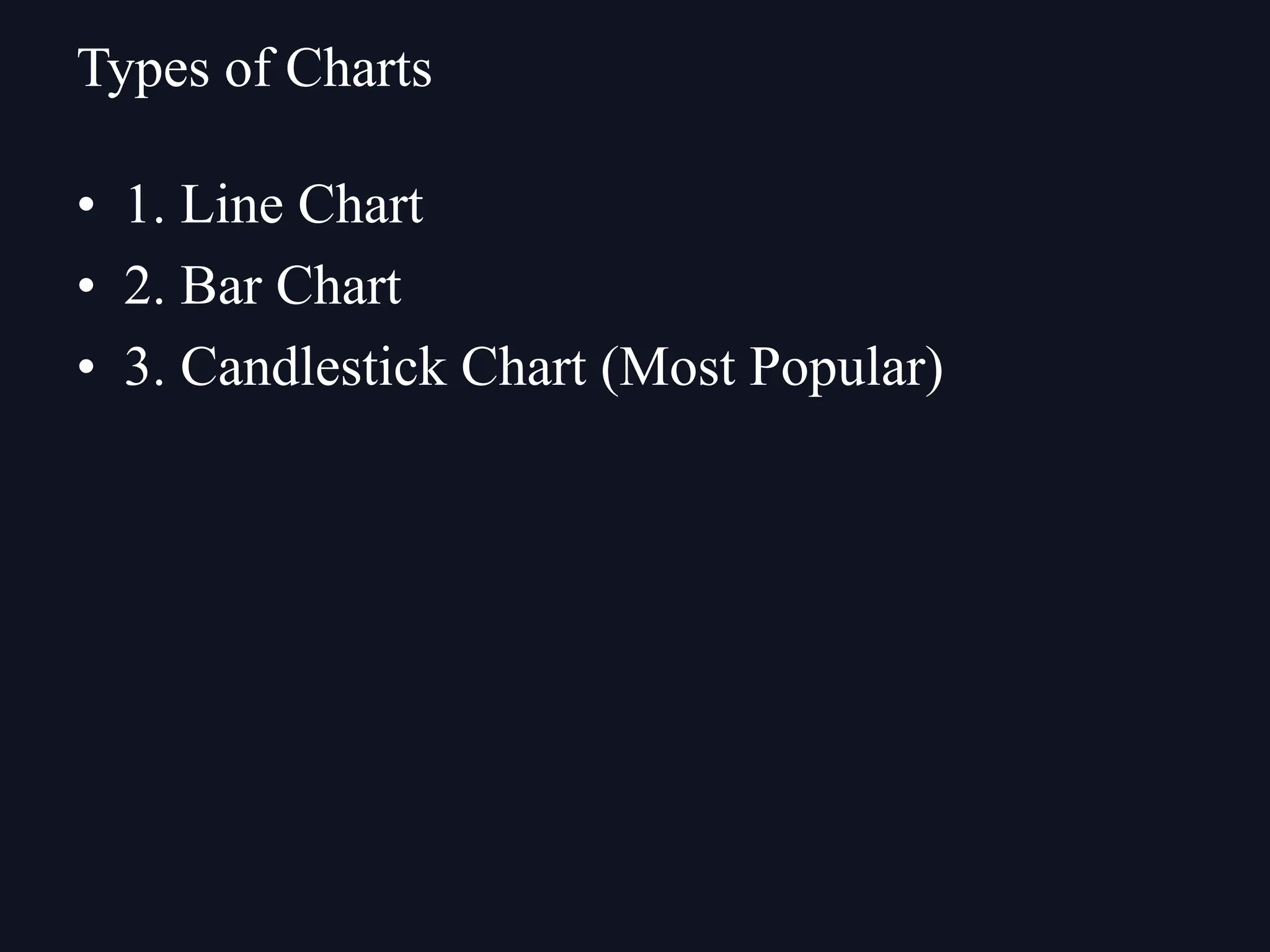 • 1. Line Chart
• 2. Bar Chart
• 3. Candlestick Chart (Most Popular)
Types of Charts
 
