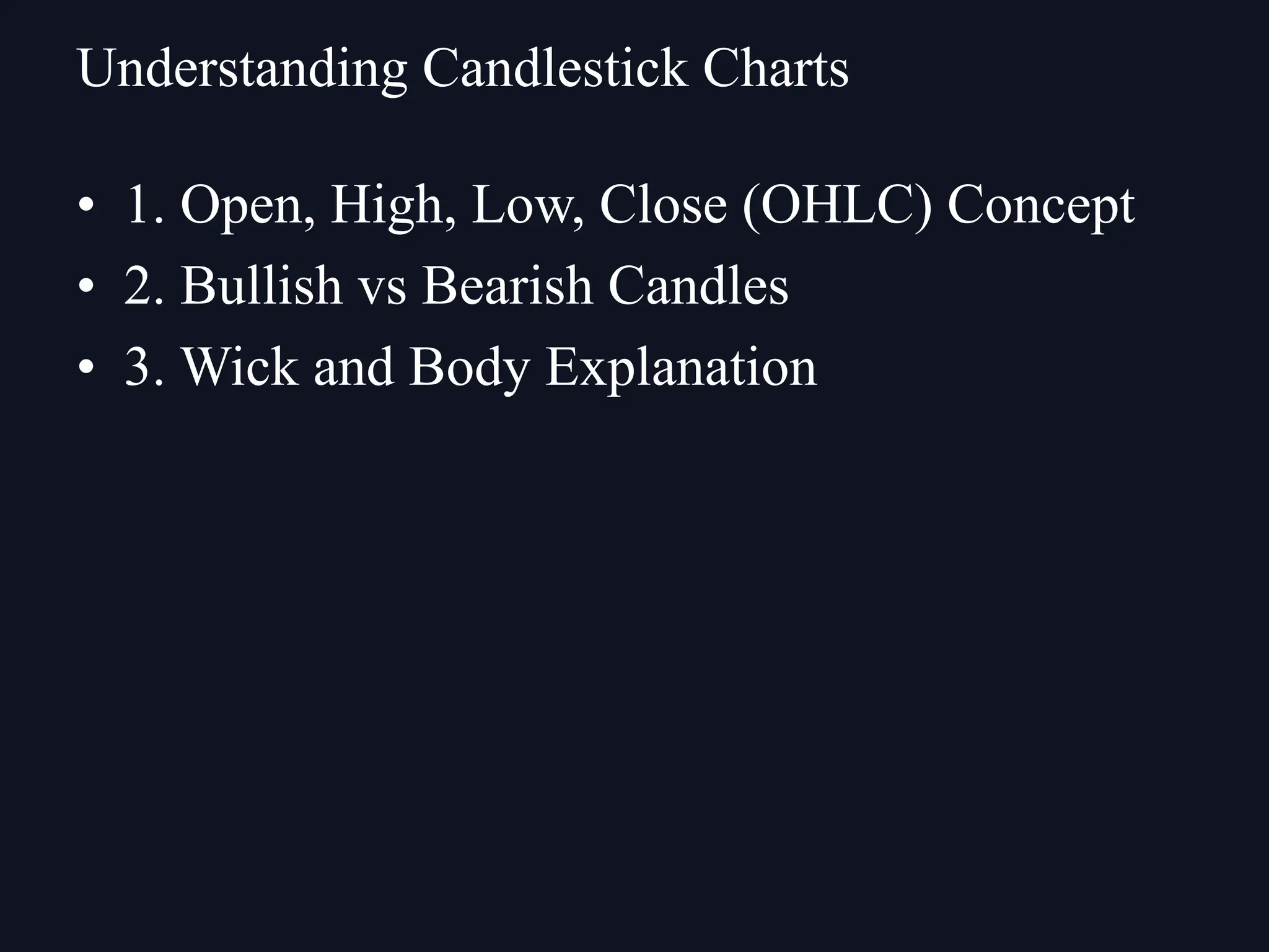 • 1. Open, High, Low, Close (OHLC) Concept
• 2. Bullish vs Bearish Candles
• 3. Wick and Body Explanation
Understanding Candlestick Charts
 