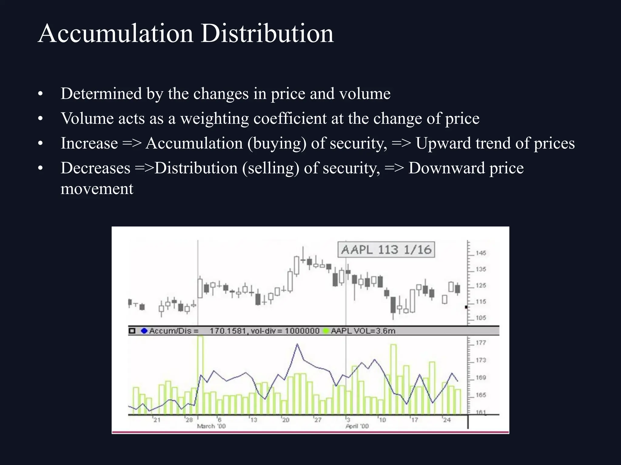 • Determined by the changes in price and volume
• Volume acts as a weighting coefficient at the change of price
• Increase => Accumulation (buying) of security, => Upward trend of prices
• Decreases =>Distribution (selling) of security, => Downward price
movement
Accumulation Distribution
 