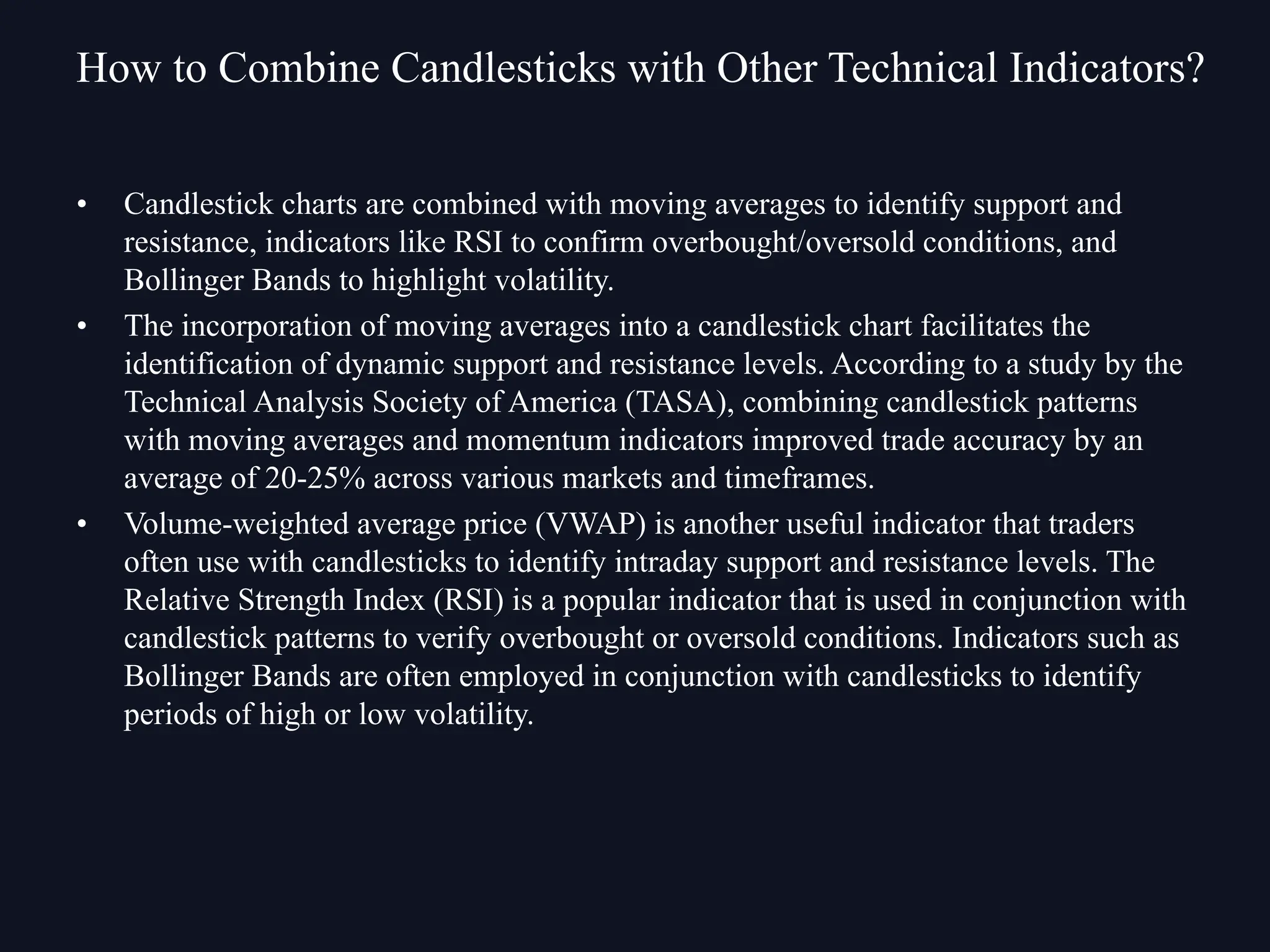 • Candlestick charts are combined with moving averages to identify support and
resistance, indicators like RSI to confirm overbought/oversold conditions, and
Bollinger Bands to highlight volatility.
• The incorporation of moving averages into a candlestick chart facilitates the
identification of dynamic support and resistance levels. According to a study by the
Technical Analysis Society of America (TASA), combining candlestick patterns
with moving averages and momentum indicators improved trade accuracy by an
average of 20-25% across various markets and timeframes.
• Volume-weighted average price (VWAP) is another useful indicator that traders
often use with candlesticks to identify intraday support and resistance levels. The
Relative Strength Index (RSI) is a popular indicator that is used in conjunction with
candlestick patterns to verify overbought or oversold conditions. Indicators such as
Bollinger Bands are often employed in conjunction with candlesticks to identify
periods of high or low volatility.
How to Combine Candlesticks with Other Technical Indicators?
 