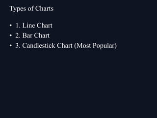 • 1. Line Chart
• 2. Bar Chart
• 3. Candlestick Chart (Most Popular)
Types of Charts
 