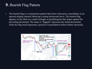 • The bearish flag is a continuation pattern that forms when price consolidates in an
upward sloping channel following a strong downward move. The bearish flag
appears on the chart as a small rectangle or parallelogram that slopes against the
prevailing downtrend. The slope or ‘flagpole’ represents the initial downtrend,
while the flag itself represents a period of consolidation before further downside.
9. Bearish Flag Pattern
 