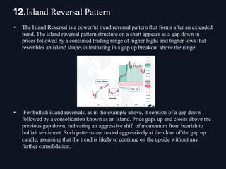 • The Island Reversal is a powerful trend reversal pattern that forms after an extended
trend. The island reversal pattern structure on a chart appears as a gap down in
prices followed by a contained trading range of higher highs and higher lows that
resembles an island shape, culminating in a gap up breakout above the range.
• For bullish island reversals, as in the example above, it consists of a gap down
followed by a consolidation known as an island. Price gaps up and closes above the
previous gap down, indicating an aggressive shift of momentum from bearish to
bullish sentiment. Such patterns are traded aggressively at the close of the gap up
candle, assuming that the trend is likely to continue on the upside without any
further consolidation.
12.Island Reversal Pattern
 