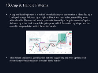 • A cup and handle pattern is a bullish technical analysis pattern that is identified by a
U-shaped trough followed by a slight pullback and then a rise, resembling a cup
with a handle. The cup and handle pattern is formed by a drop in a security’s price
followed by a rise back toward the prior peak, which forms the cup shape, and then
a smaller drop and rise, which forms the handle.
• This pattern indicates a continuation pattern, suggesting the prior uptrend will
resume after consolidation in the form of the handle.
13.Cup & Handle Patterns
 