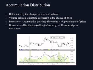 • Determined by the changes in price and volume
• Volume acts as a weighting coefficient at the change of price
• Increase => Accumulation (buying) of security, => Upward trend of prices
• Decreases =>Distribution (selling) of security, => Downward price
movement
Accumulation Distribution
 