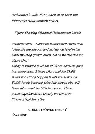 resistance levels often occur at or near the
Fibonacci Retracement levels.
Figure Showing-Fibonacci Retracement Levels
Interpretations – Fibonacci Retracement tools help
to identify the support and resistance level in the
stock by using golden ratios. So as we can see inn
above chart
strong resistance level are at 23.6% because price
has came down 2 times after reaching 23.6%
levels and strong Support levels are at around
50.0% levels because price has moved above 2
times after reaching 50.0% of price. These
percentage levels are exactly the same as
Fibonacci golden ratios.
9. Elliot Waves Theory
Overview
 