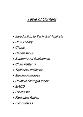 Table of Content
Introduction to Technical Analysis
Dow Theory
Charts
Candlesticks
Support And Resistance
Chart Patterns
Technical Indicator
Moving Averages
Relative Strength Index
MACD
Stochastic
Fibonacci Ratios
Elliot Waves
 