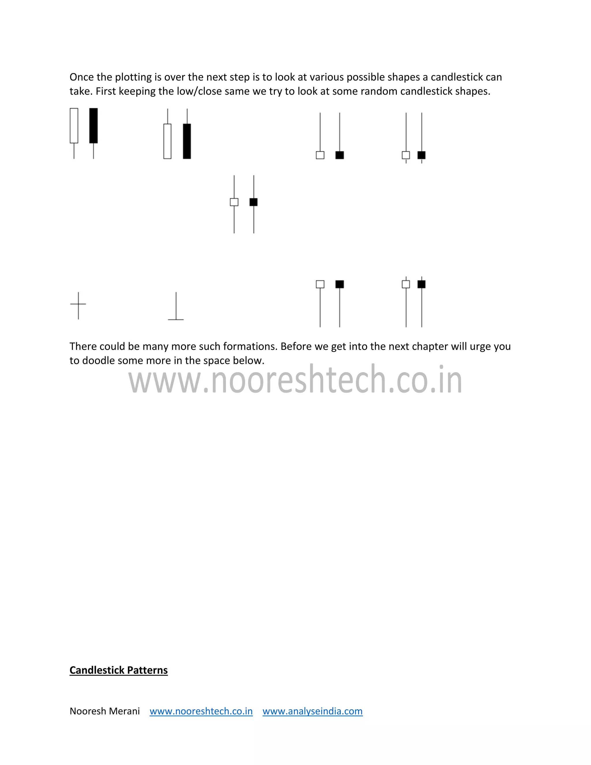 Nooresh Merani www.nooreshtech.co.in www.analyseindia.com
Once the plotting is over the next step is to look at various possible shapes a candlestick can
take. First keeping the low/close same we try to look at some random candlestick shapes.
There could be many more such formations. Before we get into the next chapter will urge you
to doodle some more in the space below.
Candlestick Patterns
 