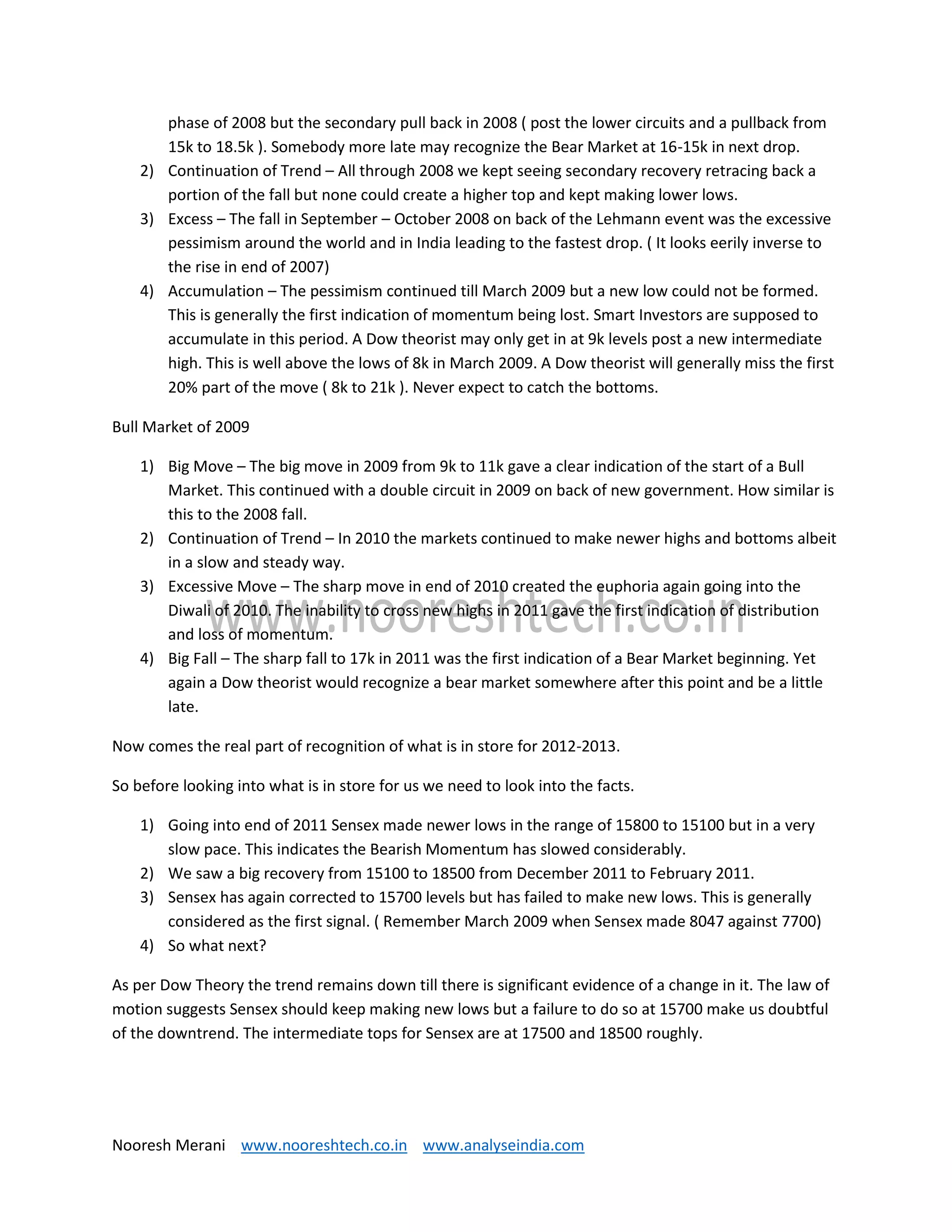 Nooresh Merani www.nooreshtech.co.in www.analyseindia.com
phase of 2008 but the secondary pull back in 2008 ( post the lower circuits and a pullback from
15k to 18.5k ). Somebody more late may recognize the Bear Market at 16-15k in next drop.
2) Continuation of Trend – All through 2008 we kept seeing secondary recovery retracing back a
portion of the fall but none could create a higher top and kept making lower lows.
3) Excess – The fall in September – October 2008 on back of the Lehmann event was the excessive
pessimism around the world and in India leading to the fastest drop. ( It looks eerily inverse to
the rise in end of 2007)
4) Accumulation – The pessimism continued till March 2009 but a new low could not be formed.
This is generally the first indication of momentum being lost. Smart Investors are supposed to
accumulate in this period. A Dow theorist may only get in at 9k levels post a new intermediate
high. This is well above the lows of 8k in March 2009. A Dow theorist will generally miss the first
20% part of the move ( 8k to 21k ). Never expect to catch the bottoms.
Bull Market of 2009
1) Big Move – The big move in 2009 from 9k to 11k gave a clear indication of the start of a Bull
Market. This continued with a double circuit in 2009 on back of new government. How similar is
this to the 2008 fall.
2) Continuation of Trend – In 2010 the markets continued to make newer highs and bottoms albeit
in a slow and steady way.
3) Excessive Move – The sharp move in end of 2010 created the euphoria again going into the
Diwali of 2010. The inability to cross new highs in 2011 gave the first indication of distribution
and loss of momentum.
4) Big Fall – The sharp fall to 17k in 2011 was the first indication of a Bear Market beginning. Yet
again a Dow theorist would recognize a bear market somewhere after this point and be a little
late.
Now comes the real part of recognition of what is in store for 2012-2013.
So before looking into what is in store for us we need to look into the facts.
1) Going into end of 2011 Sensex made newer lows in the range of 15800 to 15100 but in a very
slow pace. This indicates the Bearish Momentum has slowed considerably.
2) We saw a big recovery from 15100 to 18500 from December 2011 to February 2011.
3) Sensex has again corrected to 15700 levels but has failed to make new lows. This is generally
considered as the first signal. ( Remember March 2009 when Sensex made 8047 against 7700)
4) So what next?
As per Dow Theory the trend remains down till there is significant evidence of a change in it. The law of
motion suggests Sensex should keep making new lows but a failure to do so at 15700 make us doubtful
of the downtrend. The intermediate tops for Sensex are at 17500 and 18500 roughly.
 
