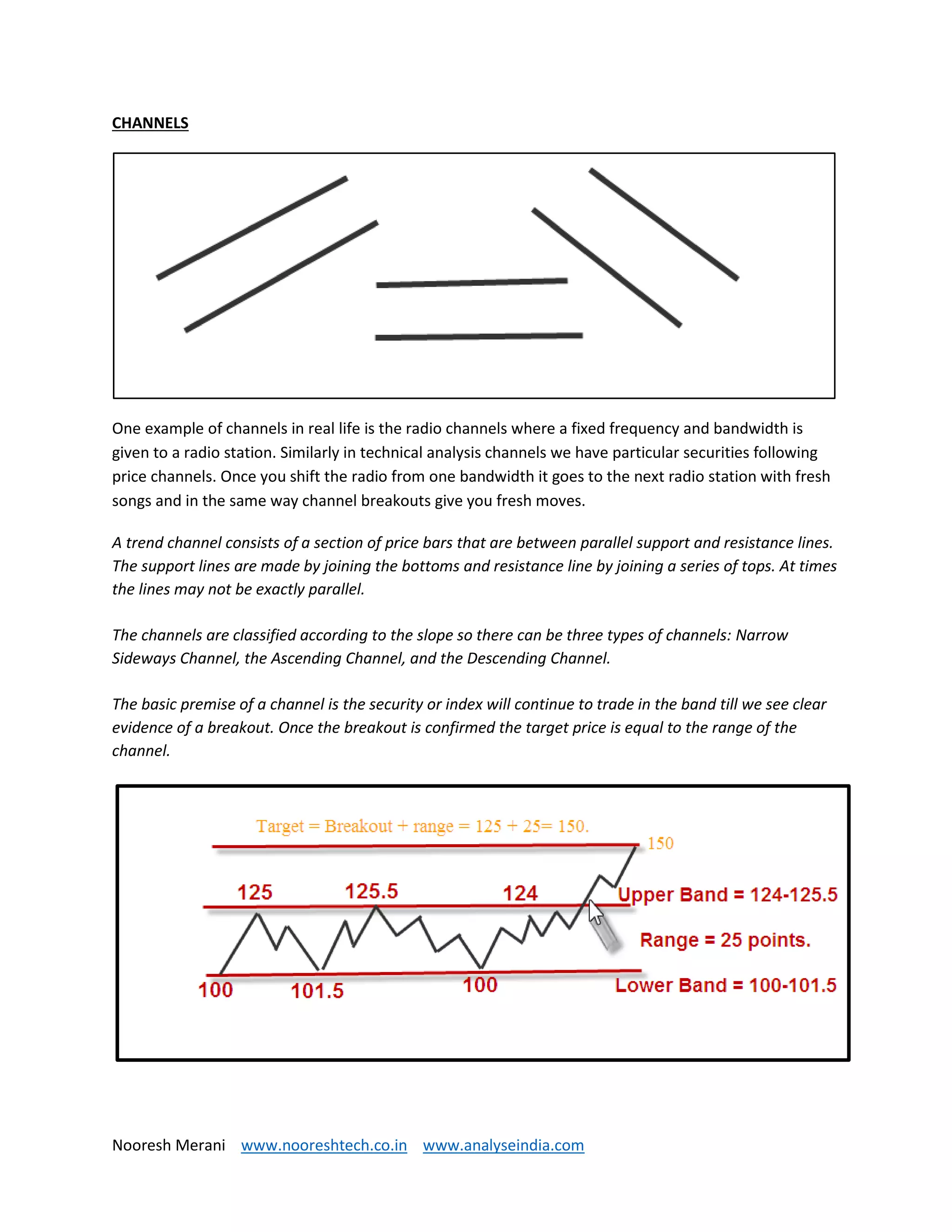 Nooresh Merani www.nooreshtech.co.in www.analyseindia.com
CHANNELS
One example of channels in real life is the radio channels where a fixed frequency and bandwidth is
given to a radio station. Similarly in technical analysis channels we have particular securities following
price channels. Once you shift the radio from one bandwidth it goes to the next radio station with fresh
songs and in the same way channel breakouts give you fresh moves.
A trend channel consists of a section of price bars that are between parallel support and resistance lines.
The support lines are made by joining the bottoms and resistance line by joining a series of tops. At times
the lines may not be exactly parallel.
The channels are classified according to the slope so there can be three types of channels: Narrow
Sideways Channel, the Ascending Channel, and the Descending Channel.
The basic premise of a channel is the security or index will continue to trade in the band till we see clear
evidence of a breakout. Once the breakout is confirmed the target price is equal to the range of the
channel.
 