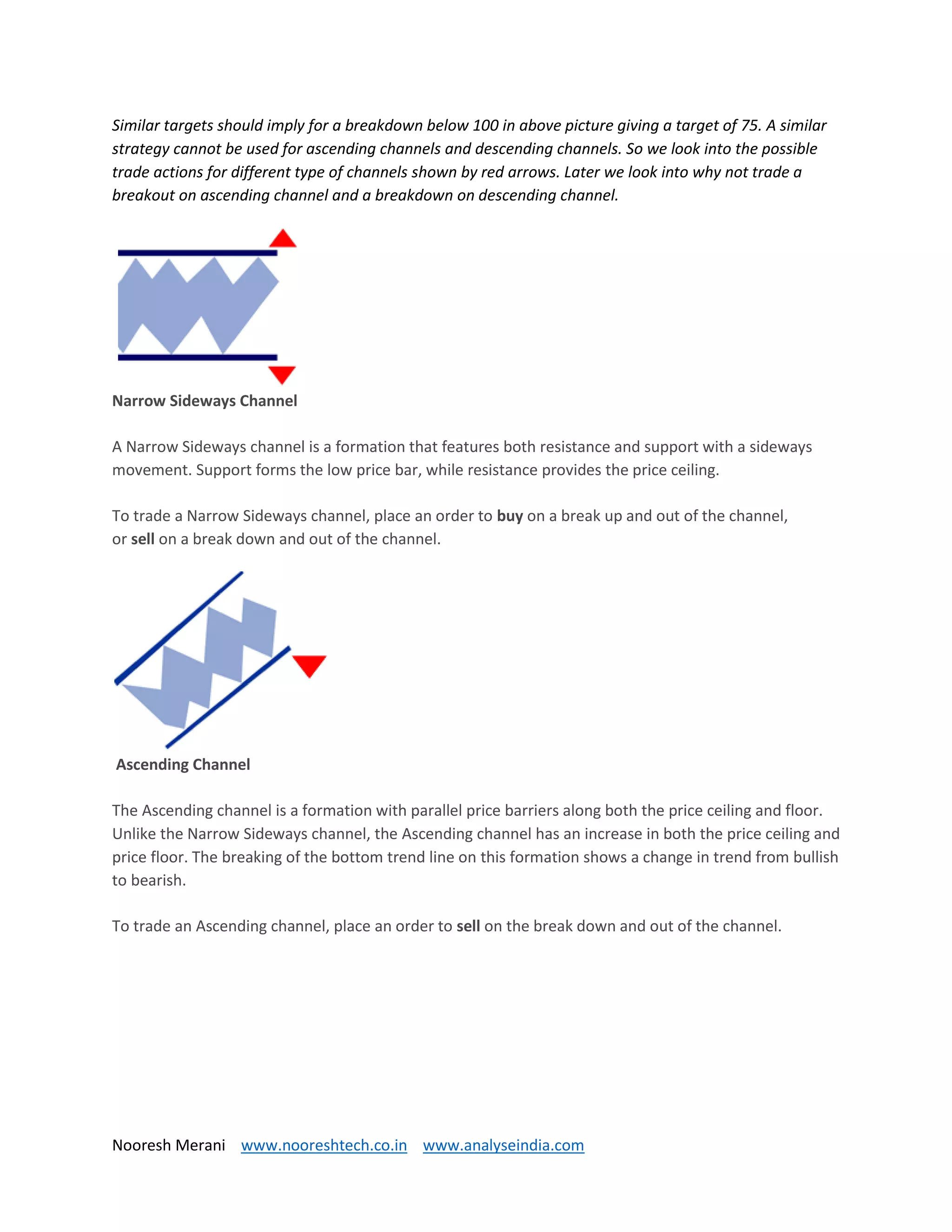 Nooresh Merani www.nooreshtech.co.in www.analyseindia.com
Similar targets should imply for a breakdown below 100 in above picture giving a target of 75. A similar
strategy cannot be used for ascending channels and descending channels. So we look into the possible
trade actions for different type of channels shown by red arrows. Later we look into why not trade a
breakout on ascending channel and a breakdown on descending channel.
Narrow Sideways Channel
A Narrow Sideways channel is a formation that features both resistance and support with a sideways
movement. Support forms the low price bar, while resistance provides the price ceiling.
To trade a Narrow Sideways channel, place an order to buy on a break up and out of the channel,
or sell on a break down and out of the channel.
Ascending Channel
The Ascending channel is a formation with parallel price barriers along both the price ceiling and floor.
Unlike the Narrow Sideways channel, the Ascending channel has an increase in both the price ceiling and
price floor. The breaking of the bottom trend line on this formation shows a change in trend from bullish
to bearish.
To trade an Ascending channel, place an order to sell on the break down and out of the channel.
 