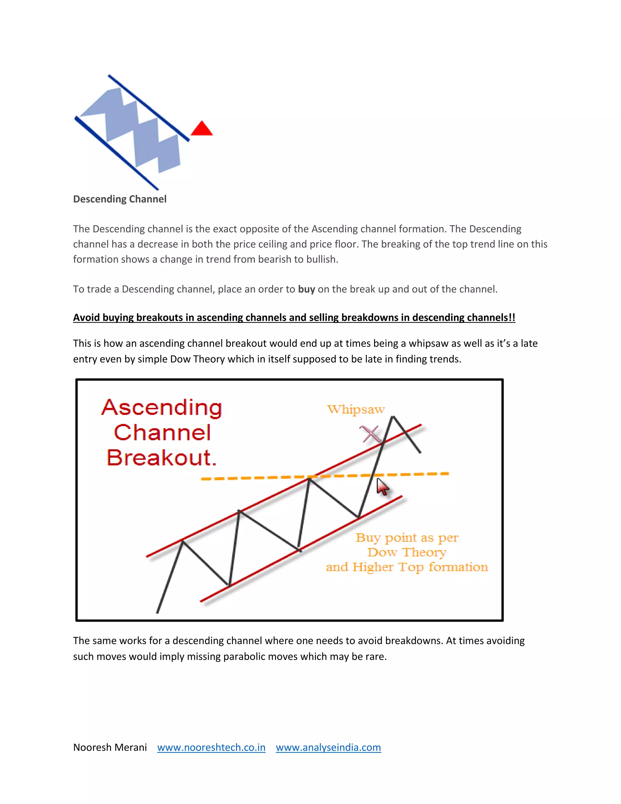 Nooresh Merani www.nooreshtech.co.in www.analyseindia.com
Descending Channel
The Descending channel is the exact opposite of the Ascending channel formation. The Descending
channel has a decrease in both the price ceiling and price floor. The breaking of the top trend line on this
formation shows a change in trend from bearish to bullish.
To trade a Descending channel, place an order to buy on the break up and out of the channel.
Avoid buying breakouts in ascending channels and selling breakdowns in descending channels!!
This is how an ascending channel breakout would end up at times being a whipsaw as well as it’s a late
entry even by simple Dow Theory which in itself supposed to be late in finding trends.
The same works for a descending channel where one needs to avoid breakdowns. At times avoiding
such moves would imply missing parabolic moves which may be rare.
 