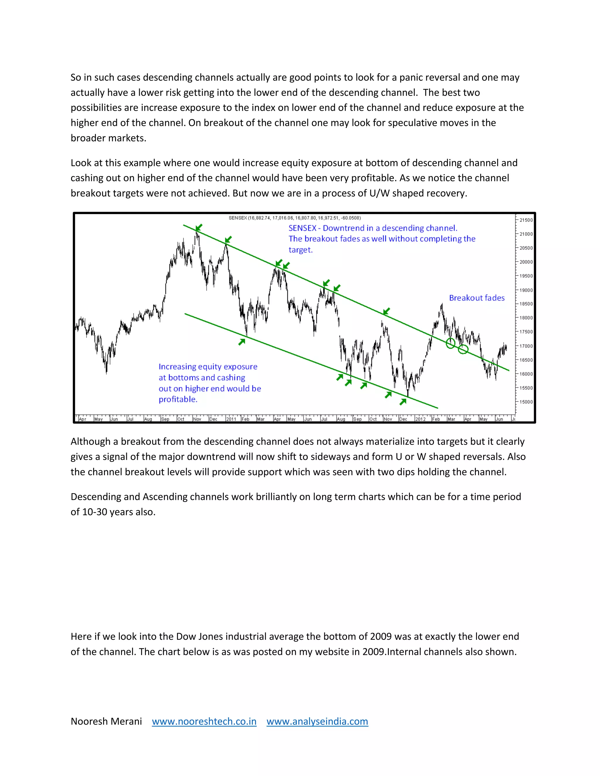 Nooresh Merani www.nooreshtech.co.in www.analyseindia.com
So in such cases descending channels actually are good points to look for a panic reversal and one may
actually have a lower risk getting into the lower end of the descending channel. The best two
possibilities are increase exposure to the index on lower end of the channel and reduce exposure at the
higher end of the channel. On breakout of the channel one may look for speculative moves in the
broader markets.
Look at this example where one would increase equity exposure at bottom of descending channel and
cashing out on higher end of the channel would have been very profitable. As we notice the channel
breakout targets were not achieved. But now we are in a process of U/W shaped recovery.
Although a breakout from the descending channel does not always materialize into targets but it clearly
gives a signal of the major downtrend will now shift to sideways and form U or W shaped reversals. Also
the channel breakout levels will provide support which was seen with two dips holding the channel.
Descending and Ascending channels work brilliantly on long term charts which can be for a time period
of 10-30 years also.
Here if we look into the Dow Jones industrial average the bottom of 2009 was at exactly the lower end
of the channel. The chart below is as was posted on my website in 2009.Internal channels also shown.
 