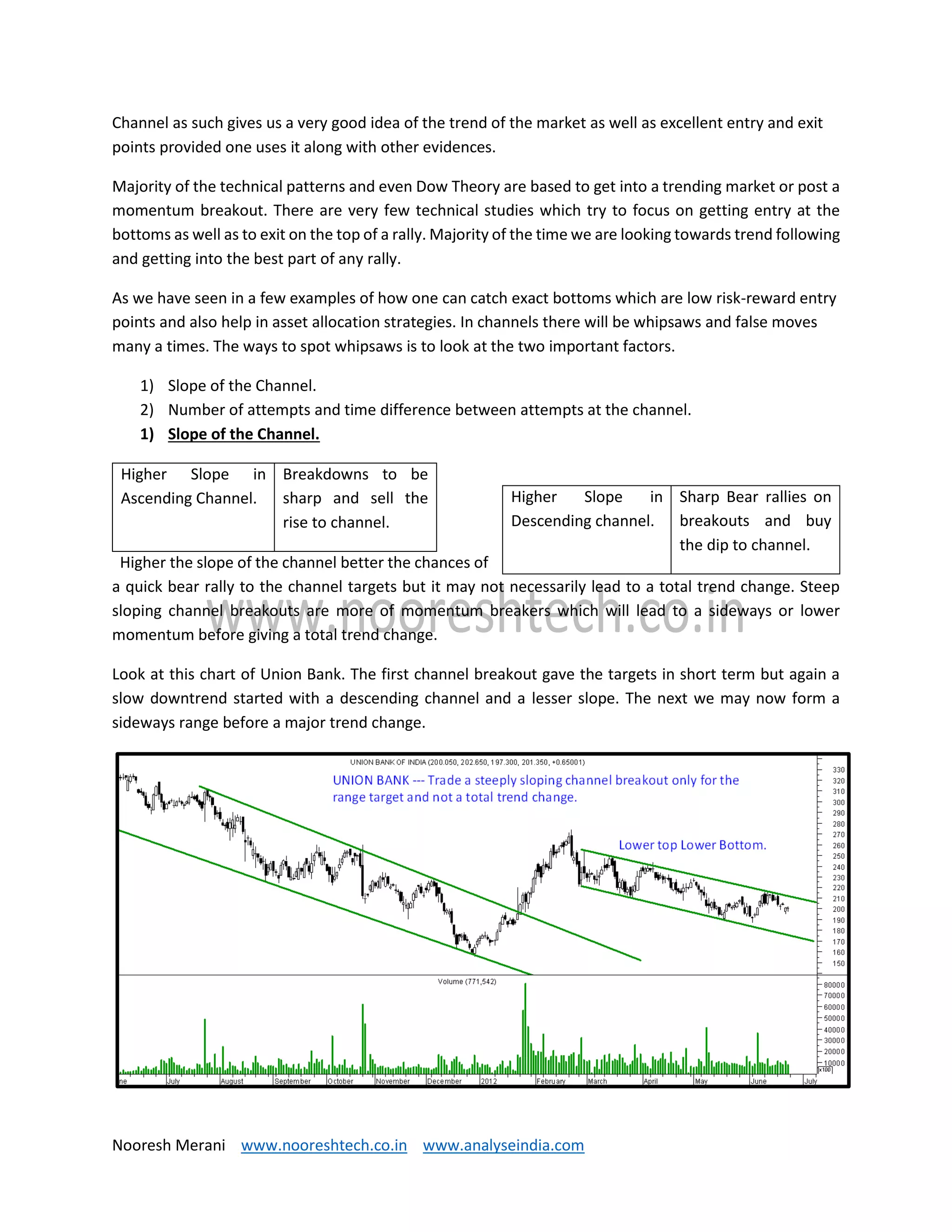 Nooresh Merani www.nooreshtech.co.in www.analyseindia.com
Channel as such gives us a very good idea of the trend of the market as well as excellent entry and exit
points provided one uses it along with other evidences.
Majority of the technical patterns and even Dow Theory are based to get into a trending market or post a
momentum breakout. There are very few technical studies which try to focus on getting entry at the
bottoms as well as to exit on the top of a rally. Majority of the time we are looking towards trend following
and getting into the best part of any rally.
As we have seen in a few examples of how one can catch exact bottoms which are low risk-reward entry
points and also help in asset allocation strategies. In channels there will be whipsaws and false moves
many a times. The ways to spot whipsaws is to look at the two important factors.
1) Slope of the Channel.
2) Number of attempts and time difference between attempts at the channel.
1) Slope of the Channel.
Higher Slope in
Ascending Channel.
Breakdowns to be
sharp and sell the
rise to channel.
Higher the slope of the channel better the chances of
a quick bear rally to the channel targets but it may not necessarily lead to a total trend change. Steep
sloping channel breakouts are more of momentum breakers which will lead to a sideways or lower
momentum before giving a total trend change.
Look at this chart of Union Bank. The first channel breakout gave the targets in short term but again a
slow downtrend started with a descending channel and a lesser slope. The next we may now form a
sideways range before a major trend change.
Higher Slope in
Descending channel.
Sharp Bear rallies on
breakouts and buy
the dip to channel.
 