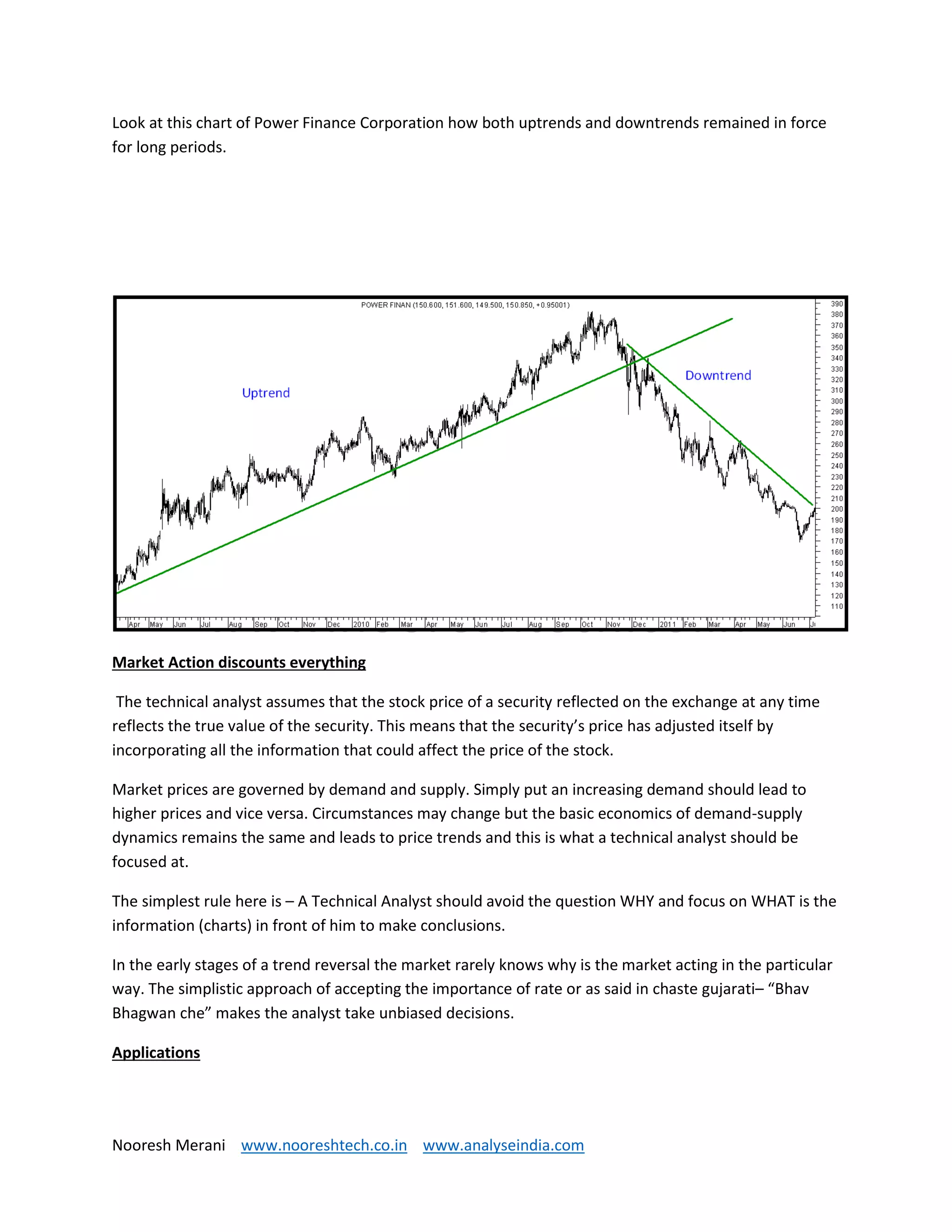 Nooresh Merani www.nooreshtech.co.in www.analyseindia.com
Look at this chart of Power Finance Corporation how both uptrends and downtrends remained in force
for long periods.
Market Action discounts everything
The technical analyst assumes that the stock price of a security reflected on the exchange at any time
reflects the true value of the security. This means that the security’s price has adjusted itself by
incorporating all the information that could affect the price of the stock.
Market prices are governed by demand and supply. Simply put an increasing demand should lead to
higher prices and vice versa. Circumstances may change but the basic economics of demand-supply
dynamics remains the same and leads to price trends and this is what a technical analyst should be
focused at.
The simplest rule here is – A Technical Analyst should avoid the question WHY and focus on WHAT is the
information (charts) in front of him to make conclusions.
In the early stages of a trend reversal the market rarely knows why is the market acting in the particular
way. The simplistic approach of accepting the importance of rate or as said in chaste gujarati– “Bhav
Bhagwan che” makes the analyst take unbiased decisions.
Applications
 