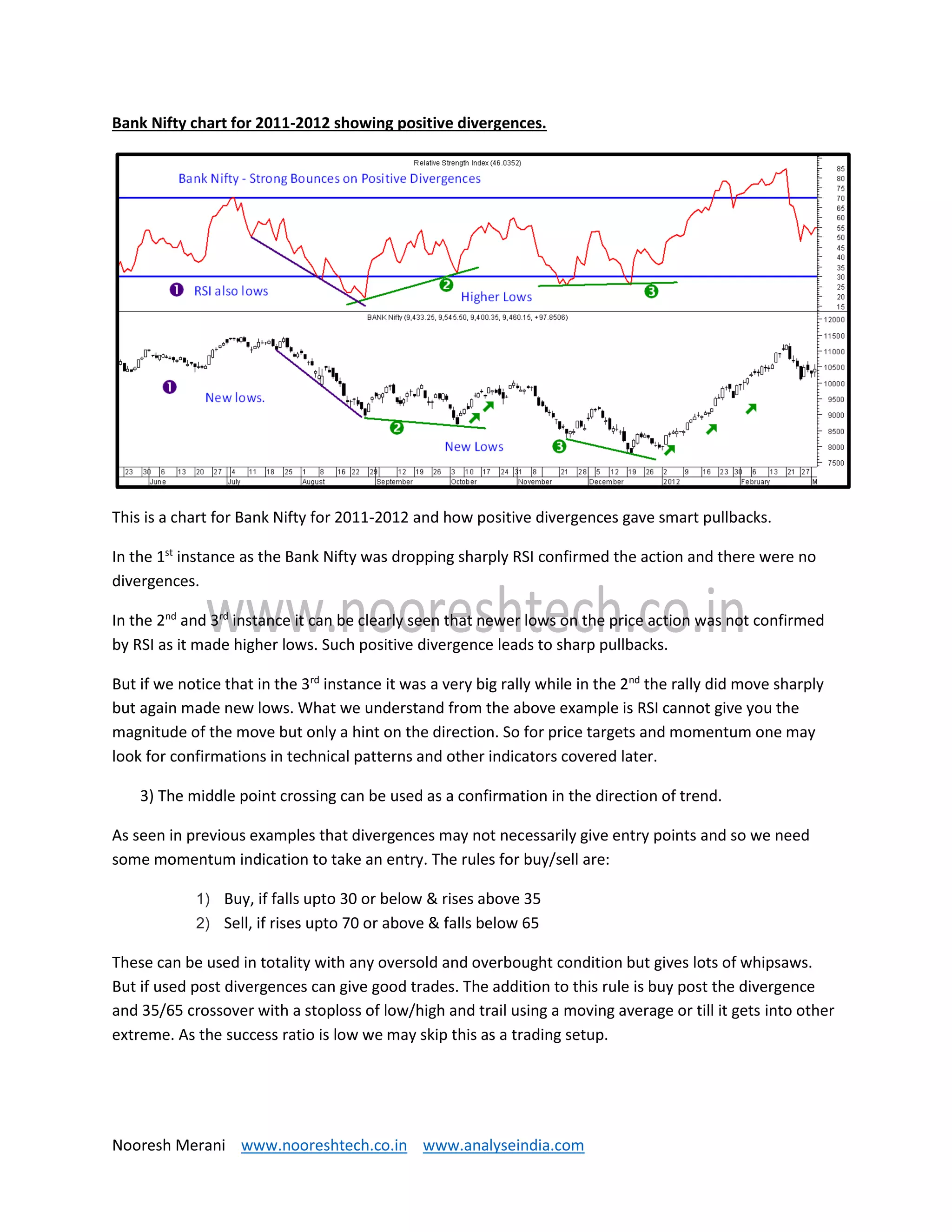 Nooresh Merani www.nooreshtech.co.in www.analyseindia.com
Bank Nifty chart for 2011-2012 showing positive divergences.
This is a chart for Bank Nifty for 2011-2012 and how positive divergences gave smart pullbacks.
In the 1st
instance as the Bank Nifty was dropping sharply RSI confirmed the action and there were no
divergences.
In the 2nd
and 3rd
instance it can be clearly seen that newer lows on the price action was not confirmed
by RSI as it made higher lows. Such positive divergence leads to sharp pullbacks.
But if we notice that in the 3rd
instance it was a very big rally while in the 2nd
the rally did move sharply
but again made new lows. What we understand from the above example is RSI cannot give you the
magnitude of the move but only a hint on the direction. So for price targets and momentum one may
look for confirmations in technical patterns and other indicators covered later.
3) The middle point crossing can be used as a confirmation in the direction of trend.
As seen in previous examples that divergences may not necessarily give entry points and so we need
some momentum indication to take an entry. The rules for buy/sell are:
1) Buy, if falls upto 30 or below & rises above 35
2) Sell, if rises upto 70 or above & falls below 65
These can be used in totality with any oversold and overbought condition but gives lots of whipsaws.
But if used post divergences can give good trades. The addition to this rule is buy post the divergence
and 35/65 crossover with a stoploss of low/high and trail using a moving average or till it gets into other
extreme. As the success ratio is low we may skip this as a trading setup.
 