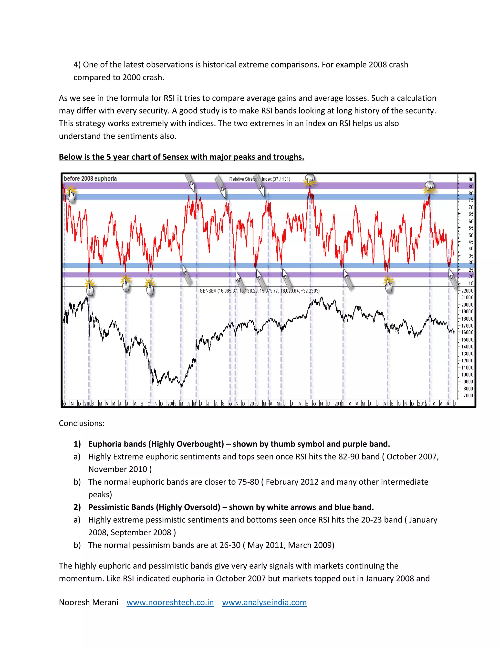 Nooresh Merani www.nooreshtech.co.in www.analyseindia.com
4) One of the latest observations is historical extreme comparisons. For example 2008 crash
compared to 2000 crash.
As we see in the formula for RSI it tries to compare average gains and average losses. Such a calculation
may differ with every security. A good study is to make RSI bands looking at long history of the security.
This strategy works extremely with indices. The two extremes in an index on RSI helps us also
understand the sentiments also.
Below is the 5 year chart of Sensex with major peaks and troughs.
Conclusions:
1) Euphoria bands (Highly Overbought) – shown by thumb symbol and purple band.
a) Highly Extreme euphoric sentiments and tops seen once RSI hits the 82-90 band ( October 2007,
November 2010 )
b) The normal euphoric bands are closer to 75-80 ( February 2012 and many other intermediate
peaks)
2) Pessimistic Bands (Highly Oversold) – shown by white arrows and blue band.
a) Highly extreme pessimistic sentiments and bottoms seen once RSI hits the 20-23 band ( January
2008, September 2008 )
b) The normal pessimism bands are at 26-30 ( May 2011, March 2009)
The highly euphoric and pessimistic bands give very early signals with markets continuing the
momentum. Like RSI indicated euphoria in October 2007 but markets topped out in January 2008 and
 