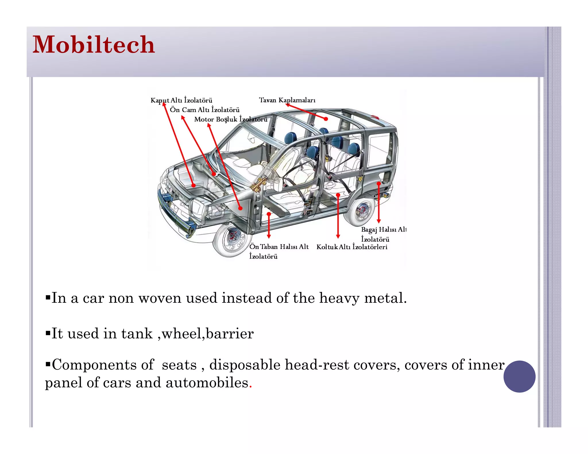 In a car non woven used instead of the heavy metal.
It used in tank ,wheel,barrier
Mobiltech
Components of seats , disposable head-rest covers, covers of inner
panel of cars and automobiles.
 