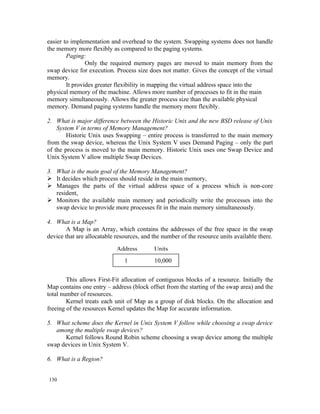 easier to implementation and overhead to the system. Swapping systems does not handle
the memory more flexibly as compared to the paging systems.
        Paging:
                Only the required memory pages are moved to main memory from the
swap device for execution. Process size does not matter. Gives the concept of the virtual
memory.
        It provides greater flexibility in mapping the virtual address space into the
physical memory of the machine. Allows more number of processes to fit in the main
memory simultaneously. Allows the greater process size than the available physical
memory. Demand paging systems handle the memory more flexibly.

2. What is major difference between the Historic Unix and the new BSD release of Unix
    System V in terms of Memory Management?
        Historic Unix uses Swapping – entire process is transferred to the main memory
from the swap device, whereas the Unix System V uses Demand Paging – only the part
of the process is moved to the main memory. Historic Unix uses one Swap Device and
Unix System V allow multiple Swap Devices.

3. What is the main goal of the Memory Management?
 It decides which process should reside in the main memory,
 Manages the parts of the virtual address space of a process which is non-core
   resident,
 Monitors the available main memory and periodically write the processes into the
   swap device to provide more processes fit in the main memory simultaneously.

4. What is a Map?
        A Map is an Array, which contains the addresses of the free space in the swap
device that are allocatable resources, and the number of the resource units available there.

                            Address        Units
                               1           10,000


        This allows First-Fit allocation of contiguous blocks of a resource. Initially the
Map contains one entry – address (block offset from the starting of the swap area) and the
total number of resources.
        Kernel treats each unit of Map as a group of disk blocks. On the allocation and
freeing of the resources Kernel updates the Map for accurate information.

5. What scheme does the Kernel in Unix System V follow while choosing a swap device
   among the multiple swap devices?
      Kernel follows Round Robin scheme choosing a swap device among the multiple
swap devices in Unix System V.

6. What is a Region?


130
 