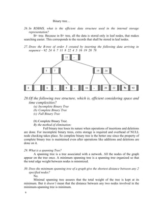 Binary tree…

26. In RDBMS, what is the efficient data structure used in the internal storage
    representation?
       B+ tree. Because in B+ tree, all the data is stored only in leaf nodes, that makes
searching easier. This corresponds to the records that shall be stored in leaf nodes.

27. Draw the B-tree of order 3 created by inserting the following data arriving in
    sequence – 92 24 6 7 11 8 22 4 5 16 19 20 78

                                 11    -



                 5     7                                   19   24




    4    -        6     -        8     -        16     -        20    22       7
                                                                               78     92


28.Of the following tree structure, which is, efficient considering space and
   time complexities?
        (a) Incomplete Binary Tree
        (b) Complete Binary Tree
        (c) Full Binary Tree

       (b) Complete Binary Tree.
       By the method of elimination:
               Full binary tree loses its nature when operations of insertions and deletions
are done. For incomplete binary trees, extra storage is required and overhead of NULL
node checking takes place. So complete binary tree is the better one since the property of
complete binary tree is maintained even after operations like additions and deletions are
done on it.

29. What is a spanning Tree?
        A spanning tree is a tree associated with a network. All the nodes of the graph
appear on the tree once. A minimum spanning tree is a spanning tree organized so that
the total edge weight between nodes is minimized.

30. Does the minimum spanning tree of a graph give the shortest distance between any 2
    specified nodes?
       No.
       Minimal spanning tree assures that the total weight of the tree is kept at its
minimum. But it doesn’t mean that the distance between any two nodes involved in the
minimum-spanning tree is minimum.
9
 
