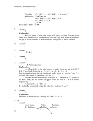 Technical Aptitude Questions
Therefore (5 / 100) * x = (5 / 100) * y + 10 -------(2)
Substituting (1) in (2) we get
(10 / 100) * y = (5 / 100) * y + 10
(5 / 100) * y = 10
y = 200
From (1) 2 * 200 = x = 400
9. Answer:
3.
Explanation:
Since inclusion of any male player will reject a female from the team.
Since there should be four member in the team and only three males are available,
the girl, n should included in the team always irrespective of others selection.
10. Answer:
5
11. Answer:
1,2,3 & 4
12. Answer:
B
13. Answer:
11 & 9 apples per tree.
Explanation:
Let a, b, c, d & e be the total number of apples bored per year in A, B, C,
D & E ‘s orchard. Given that a + 1 = b + 3 = c – 1 = d + 3 = e – 6
But the question is to find the number of apples bored per tree in C and D ‘s
orchard. If is enough to consider c – 1 = d + 3.
Since the number of trees in C’s orchard is 11 and that of D’s orchard is
13. Let x and y be the number of apples bored per tree in C & d ‘s orchard
respectively.
Therefore 11 x – 1 = 13 y + 3
By trial and error method, we get the value for x and y as 11 and 9
14. Answer:
G.
Explanation:
The order in which they are climbing is R – G – K – H – J
15 – 18
Answer:
Novel Name Author Publisher
Spy thriller Rathko Heron
111
 