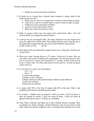Technical Aptitude Questions
e. Hillary sits on the same bench as Roberto
12. If Sarah sits on a bench that is behind where Jonathan is sitting, which of the
following must be true ?
a. Hillary sits in a seat or on a bench that is in front of where Marta is sitting
b. Lupe sits in a seat or on a bench that is in front of where Freddy is sitting
c. Freddy sits on the same bench as Hillary
d. Lupe sits on the same bench as Sarah
e. Marta sits on the same bench as Vicky
13. Make six squares of the same size using twelve match-sticks. (Hint : You will
need an adhesive to arrange the required figure)
14. A farmer has two rectangular fields. The larger field has twice the length and 4
times the width of the smaller field. If the smaller field has area K, then the are of
the larger field is greater than the area of the smaller field by what amount?
(a) 6K (b) 8K (c) 12K (d) 7K
15. Nine equal circles are enclosed in a square whose area is 36sq units. Find the area
of each circle.
16. There are 9 cards. Arrange them in a 3*3 matrix. Cards are of 4 colors. They are
red, yellow, blue, green. Conditions for arrangement: one red card must be in first
row or second row. 2 green cards should be in 3rd
column. Yellow cards must be
in the 3 corners only. Two blue cards must be in the 2nd row. At least one green
card in each row.
17. Is z less than w? z and w are real numbers.
(I) z2
= 25
(II) w = 9
To answer the question,
a) Either I or II is sufficient
b) Both I and II are sufficient but neither of them is alone sufficient
c) I & II are sufficient
d) Both are not sufficient
18. A speaks truth 70% of the time; B speaks truth 80% of the time. What is the
probability that both are contradicting each other?
19. In a family 7 children don't eat spinach, 6 don't eat carrot, 5 don't eat beans, 4
don't eat spinach & carrots, 3 don't eat carrot & beans, 2 don't eat beans &
spinach. One doesn't eat all 3. Find the no. of children.
20. Anna, Bena, Catherina and Diana are at their monthly business meeting. Their
occupations are author, biologist, chemist and doctor, but not necessarily in that
order. Diana just told the neighbour, who is a biologist that Catherina was on her
121
 