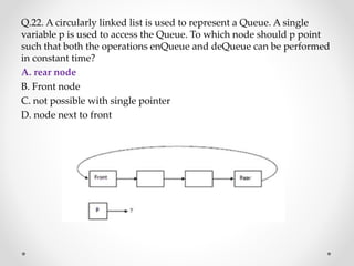 Q.22. A circularly linked list is used to represent a Queue. A single
variable p is used to access the Queue. To which node should p point
such that both the operations enQueue and deQueue can be performed
in constant time?
A. rear node
B. Front node
C. not possible with single pointer
D. node next to front
 