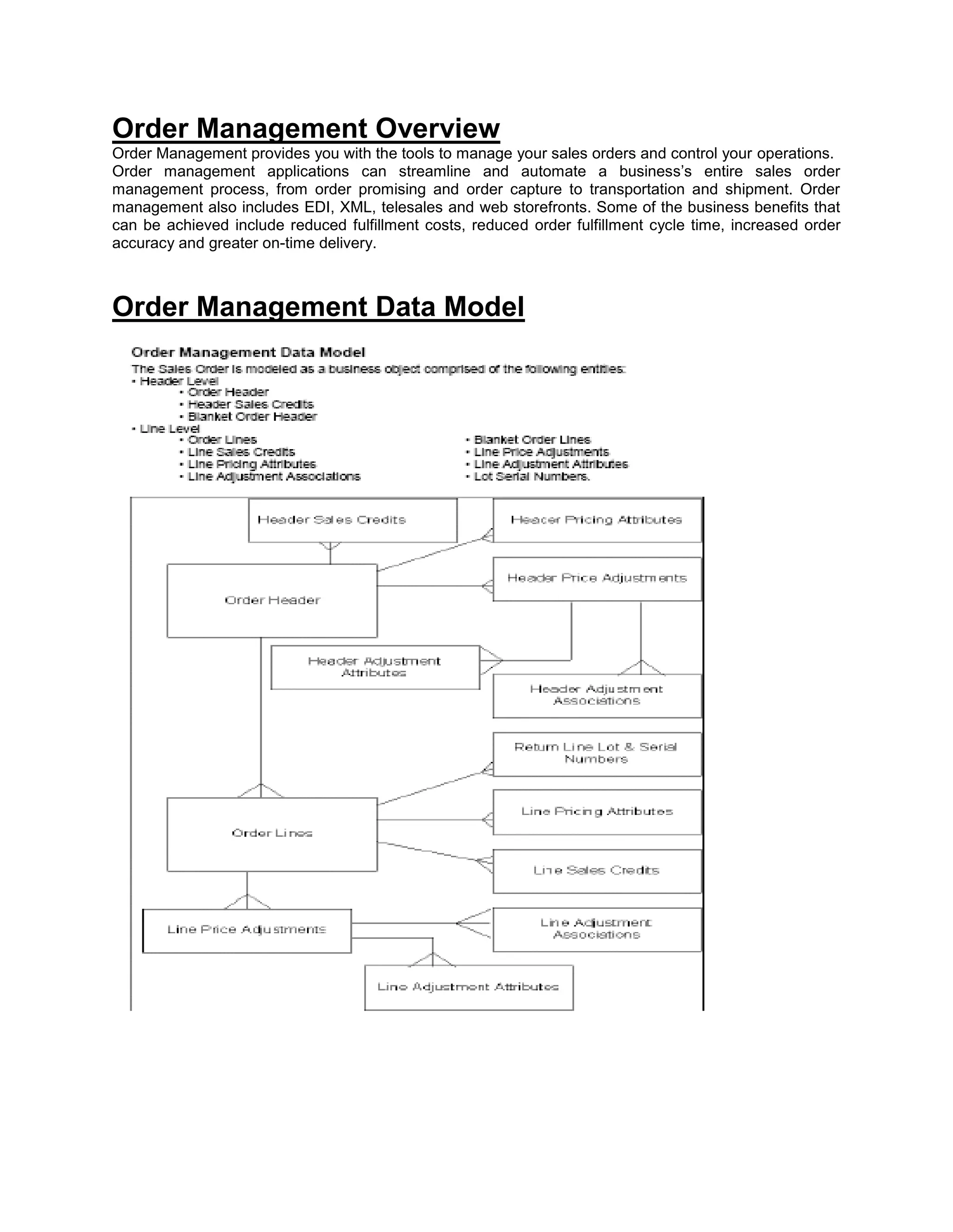 Order Management Overview
Order Management provides you with the tools to manage your sales orders and control your operations.
Order management applications can streamline and automate a business’s entire sales order
management process, from order promising and order capture to transportation and shipment. Order
management also includes EDI, XML, telesales and web storefronts. Some of the business benefits that
can be achieved include reduced fulfillment costs, reduced order fulfillment cycle time, increased order
accuracy and greater on-time delivery.
Order Management Data Model
 