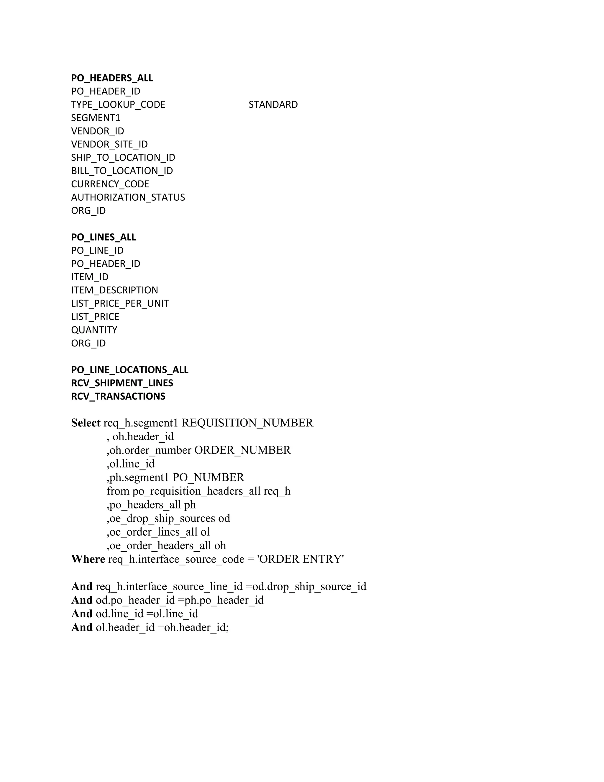 PO_HEADERS_ALL
PO_HEADER_ID
TYPE_LOOKUP_CODE STANDARD
SEGMENT1
VENDOR_ID
VENDOR_SITE_ID
SHIP_TO_LOCATION_ID
BILL_TO_LOCATION_ID
CURRENCY_CODE
AUTHORIZATION_STATUS
ORG_ID
PO_LINES_ALL
PO_LINE_ID
PO_HEADER_ID
ITEM_ID
ITEM_DESCRIPTION
LIST_PRICE_PER_UNIT
LIST_PRICE
QUANTITY
ORG_ID
PO_LINE_LOCATIONS_ALL
RCV_SHIPMENT_LINES
RCV_TRANSACTIONS
Select req_h.segment1 REQUISITION_NUMBER
, oh.header_id
,oh.order_number ORDER_NUMBER
,ol.line_id
,ph.segment1 PO_NUMBER
from po_requisition_headers_all req_h
,po_headers_all ph
,oe_drop_ship_sources od
,oe_order_lines_all ol
,oe_order_headers_all oh
Where req_h.interface_source_code = 'ORDER ENTRY'
And req_h.interface_source_line_id =od.drop_ship_source_id
And od.po_header_id =ph.po_header_id
And od.line_id =ol.line_id
And ol.header_id =oh.header_id;
 
