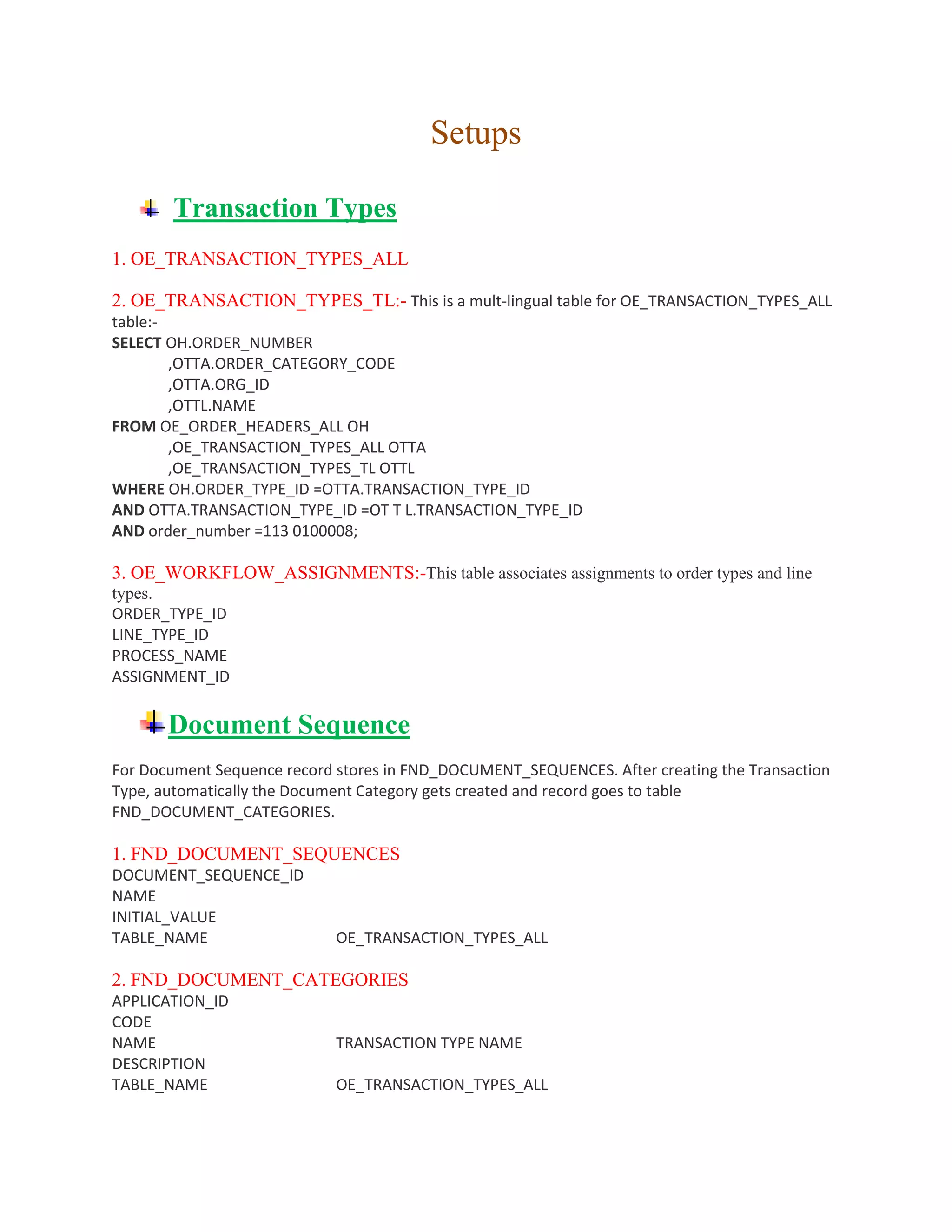 Setups
Transaction Types
1. OE_TRANSACTION_TYPES_ALL
2. OE_TRANSACTION_TYPES_TL:- This is a mult-lingual table for OE_TRANSACTION_TYPES_ALL
table:-
SELECT OH.ORDER_NUMBER
,OTTA.ORDER_CATEGORY_CODE
,OTTA.ORG_ID
,OTTL.NAME
FROM OE_ORDER_HEADERS_ALL OH
,OE_TRANSACTION_TYPES_ALL OTTA
,OE_TRANSACTION_TYPES_TL OTTL
WHERE OH.ORDER_TYPE_ID =OTTA.TRANSACTION_TYPE_ID
AND OTTA.TRANSACTION_TYPE_ID =OT T L.TRANSACTION_TYPE_ID
AND order_number =113 0100008;
3. OE_WORKFLOW_ASSIGNMENTS:-This table associates assignments to order types and line
types.
ORDER_TYPE_ID
LINE_TYPE_ID
PROCESS_NAME
ASSIGNMENT_ID
Document Sequence
For Document Sequence record stores in FND_DOCUMENT_SEQUENCES. After creating the Transaction
Type, automatically the Document Category gets created and record goes to table
FND_DOCUMENT_CATEGORIES.
1. FND_DOCUMENT_SEQUENCES
DOCUMENT_SEQUENCE_ID
NAME
INITIAL_VALUE
TABLE_NAME OE_TRANSACTION_TYPES_ALL
2. FND_DOCUMENT_CATEGORIES
APPLICATION_ID
CODE
NAME TRANSACTION TYPE NAME
DESCRIPTION
TABLE_NAME OE_TRANSACTION_TYPES_ALL
 