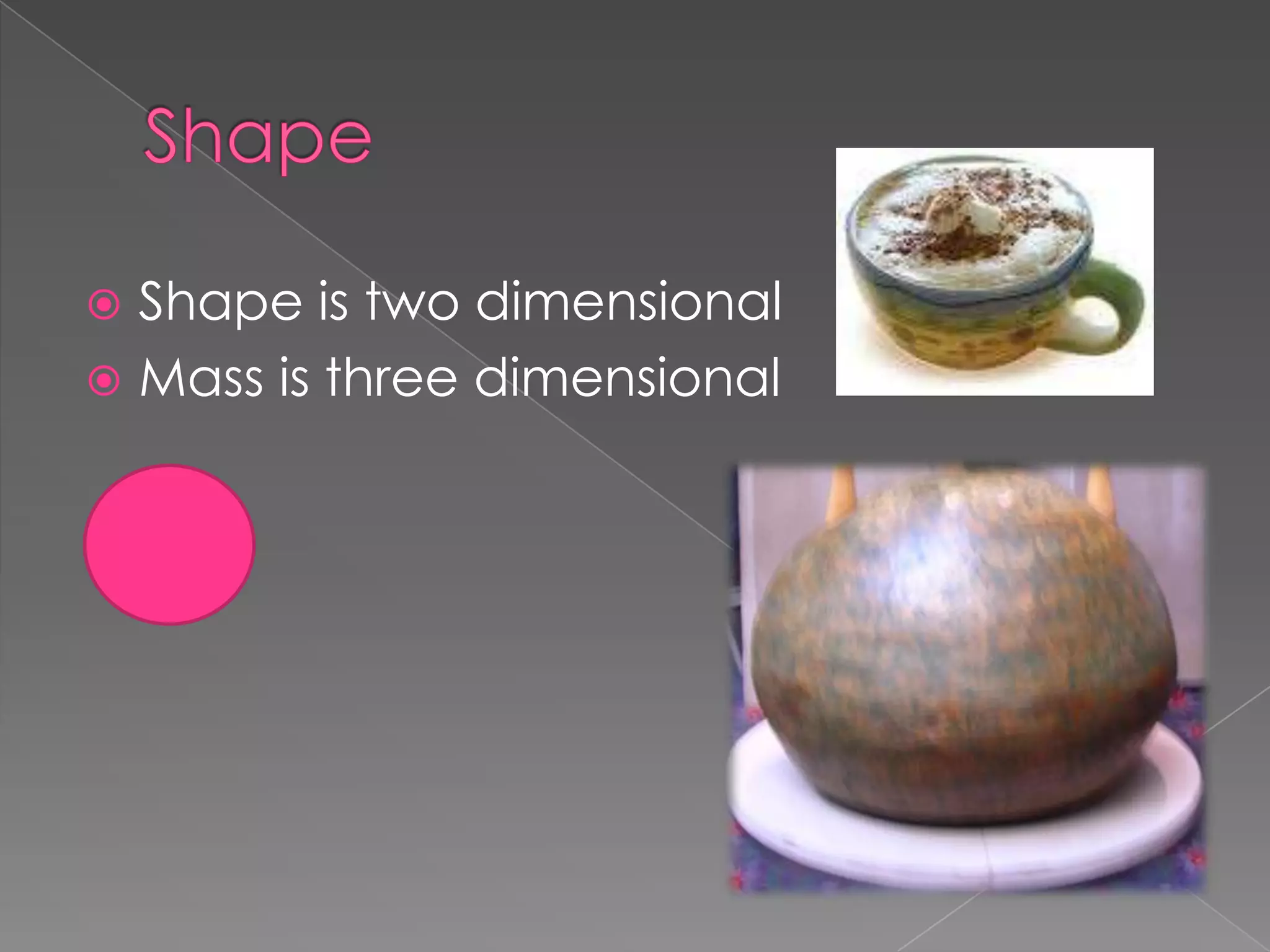  Shape is two dimensional
Mass is three dimensional